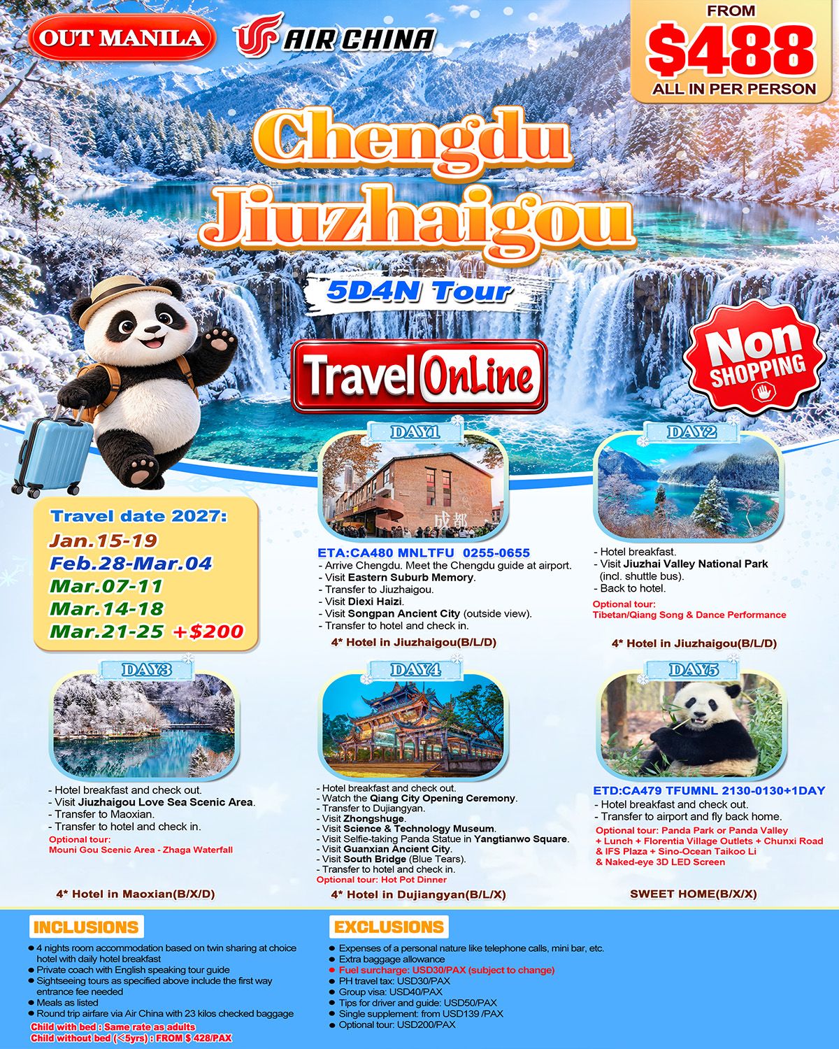 CHENGDU JIUZHAIGOU 5 DAYS 4 NIGHTS ALL IN JOINER GROUP TOUR PACKAGE FROM MANILA PHILIPPINES - AS LOW AS: $488/PAX - TRAVELONLINE promo image