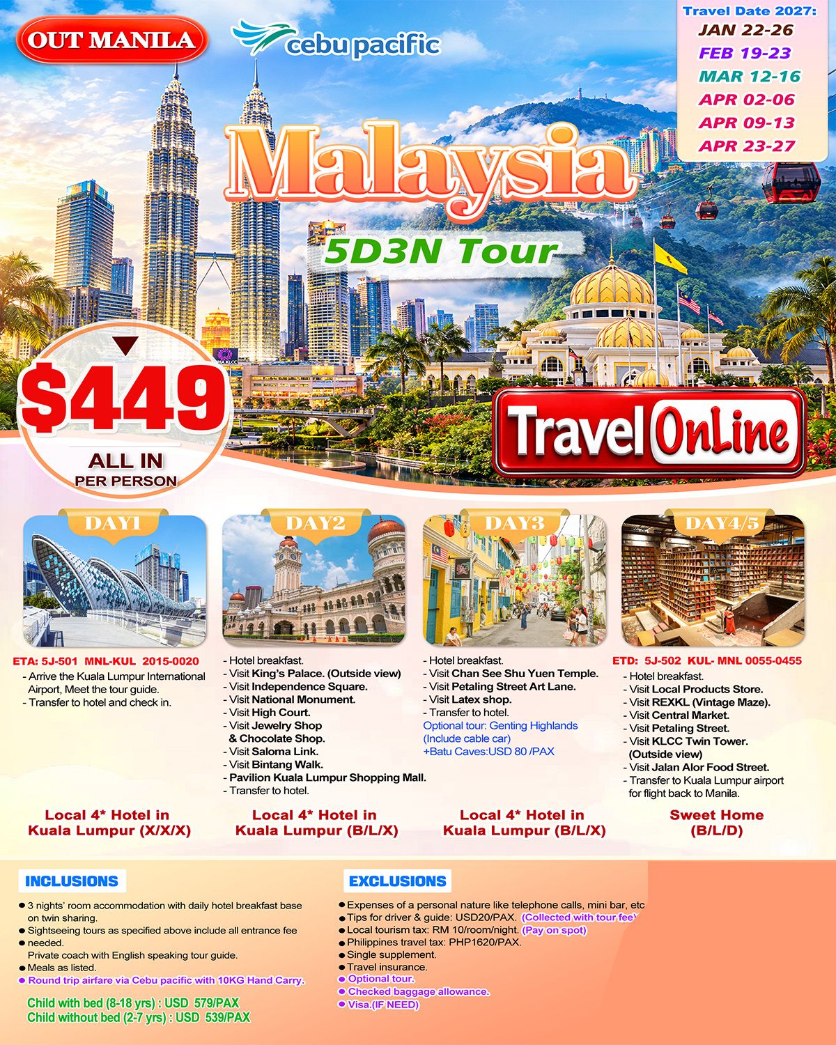 MALAYSIA 5 DAYS 3 NIGHTS ALL IN JOINER GROUP TOUR PACKAGE FROM MANILA PHILIPPINES - AS LOW AS: $449/PAX - TRAVELONLINE