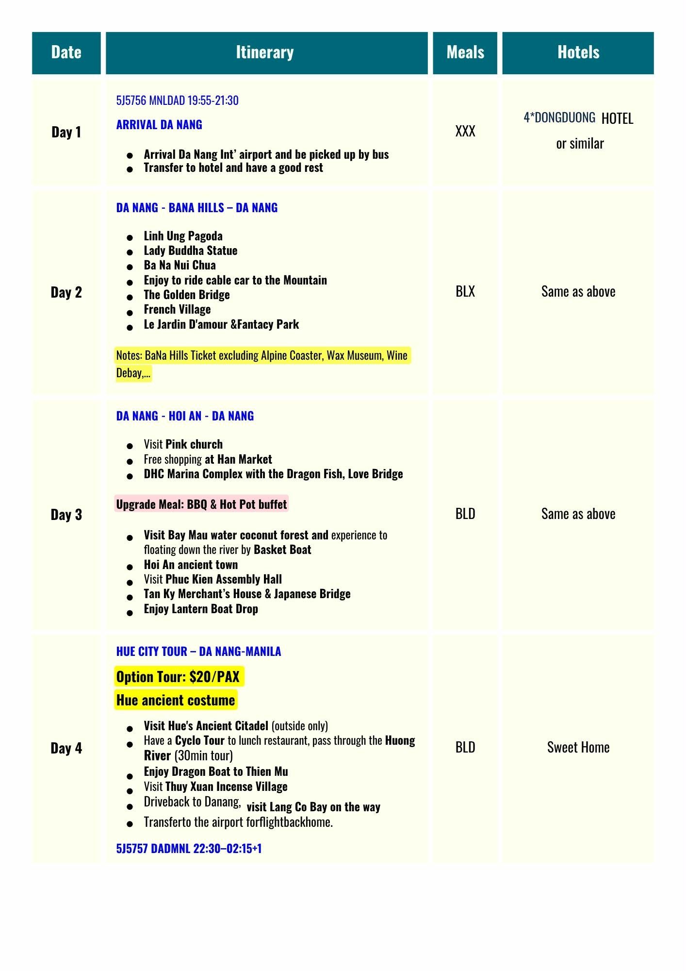 VIETNAM 4 DAYS 3 NIGHTS ALL IN JOINER GROUP TOUR PACKAGE FROM MANILA PHILIPPINES - AS LOW AS: $518/PAX - TRAVELONLINE itinerary