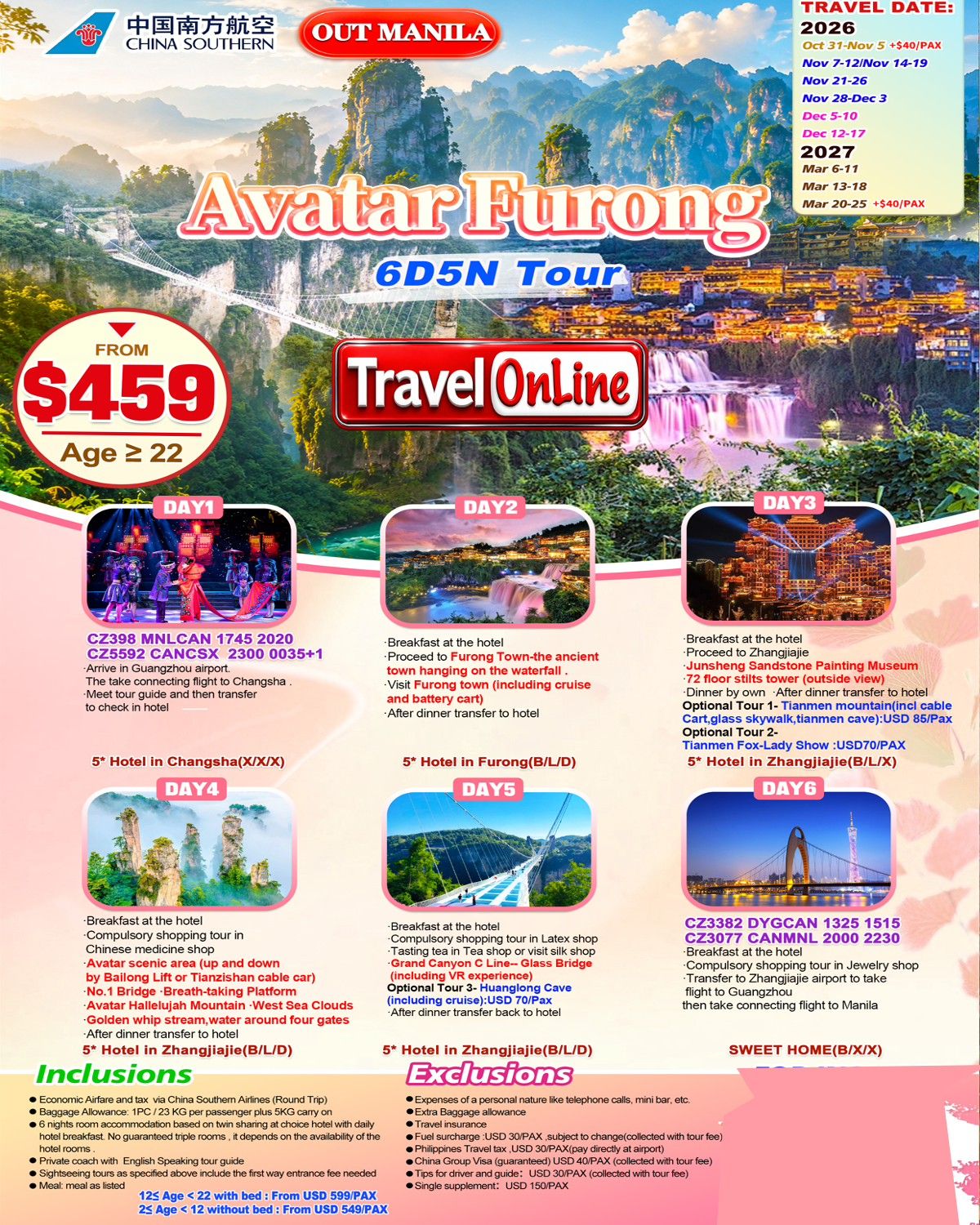 CHINA AVATAR FURONG 6 DAYS 5 NIGHTS ALL IN JOINER GROUP TOUR PACKAGE FROM MANILA PHILIPPINES - AS LOW AS: $459/PAX - TRAVELONLINE promo image