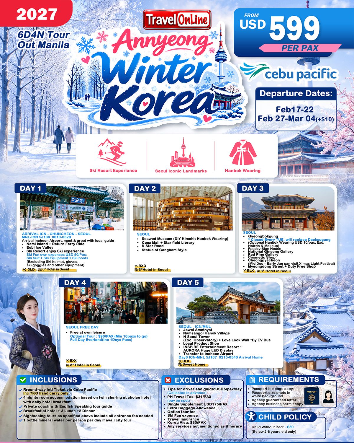 SOUTH KOREA 6 DAYS 4 NIGHTS ALL IN JOINER GROUP TOUR PACKAGE FROM MANILA PHILIPPINES - AS LOW AS: $599/PAX - TRAVELONLINE promo image