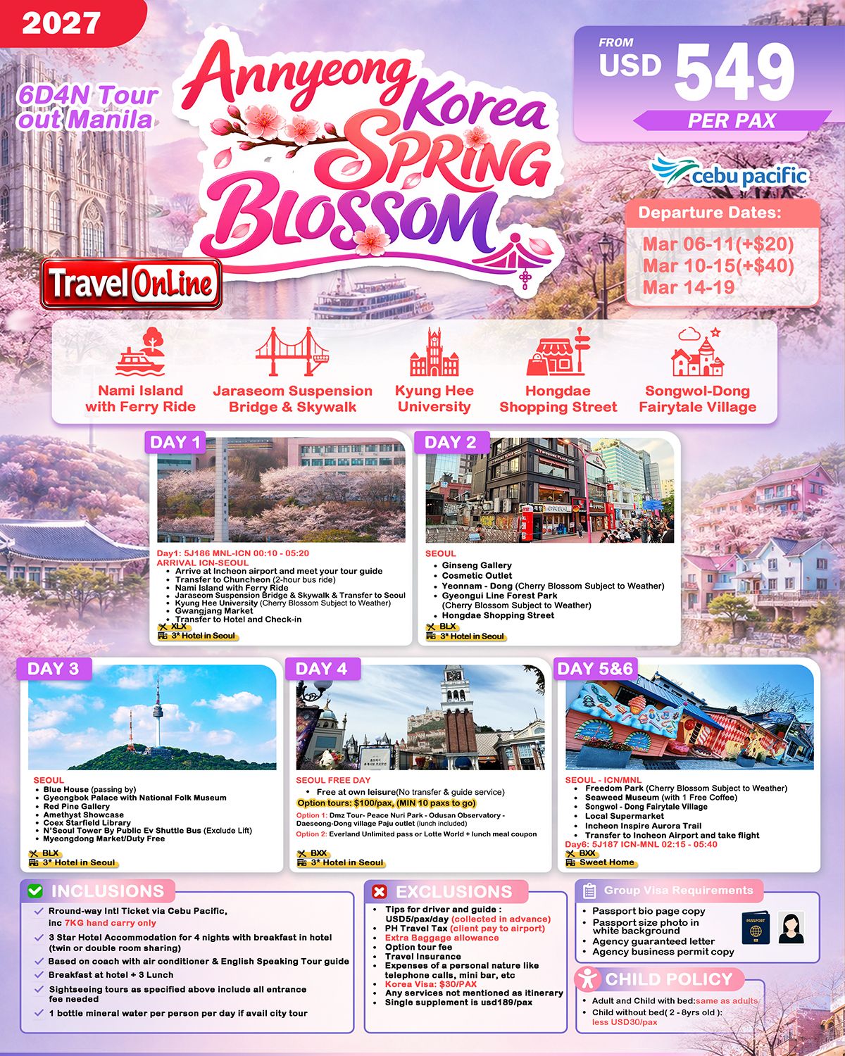 SOUTH KOREA SPRING BLOSSOM 6 DAYS 4 NIGHTS ALL IN JOINER GROUP TOUR PACKAGE FROM MANILA PHILIPPINES - AS LOW AS: $549/PAX - TRAVELONLINE promo image