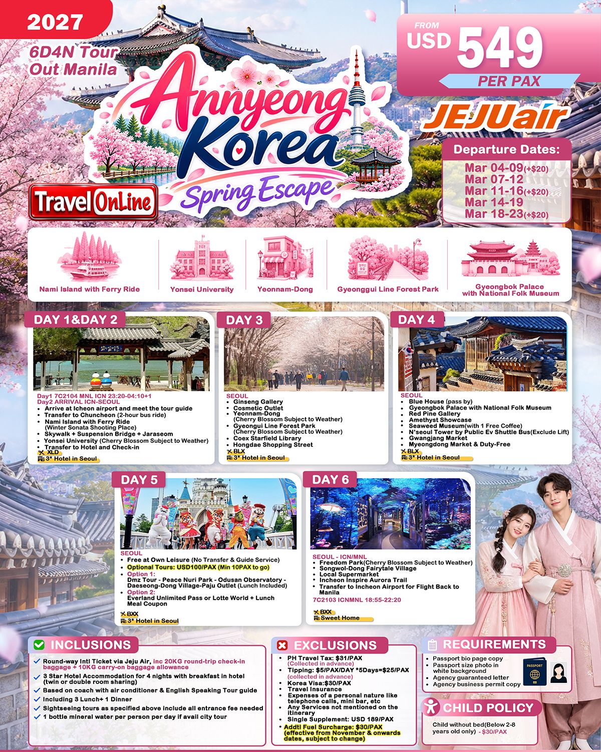 SOUTH KOREA SPRING ESCAPE 6 DAYS 4 NIGHTS ALL IN JOINER GROUP TOUR PACKAGE FROM MANILA PHILIPPINES - AS LOW AS: $549/PAX - TRAVELONLINE promo image