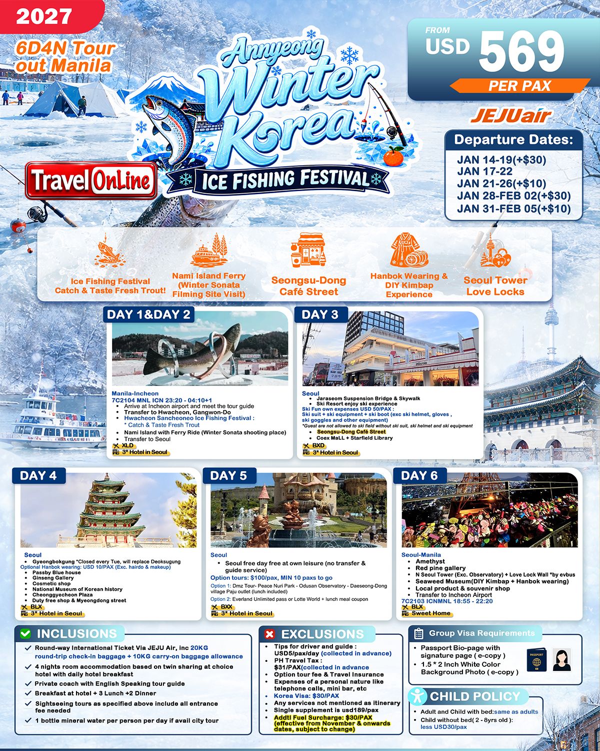 SOUTH KOREA ICE FISHING FESTIVAL 6 DAYS 4 NIGHTS ALL IN JOINER GROUP TOUR PACKAGE FROM MANILA PHILIPPINES - AS LOW AS: $569/PAX - TRAVELONLINE promo image