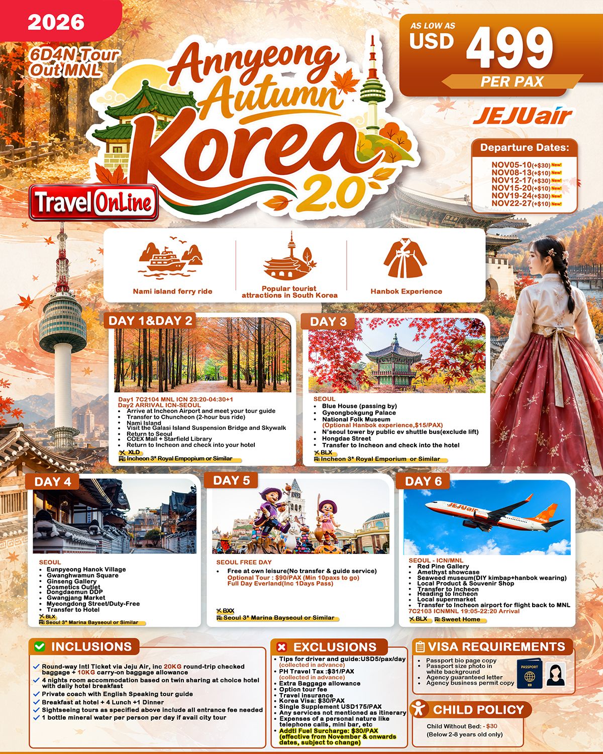 SOUTH KOREA ANNYEONG AUTUMN 2.0 6 DAYS 4 NIGHTS ALL IN JOINER GROUP TOUR PACKAGE FROM MANILA PHILIPPINES - AS LOW AS: $499/PAX - TRAVELONLINE promo image