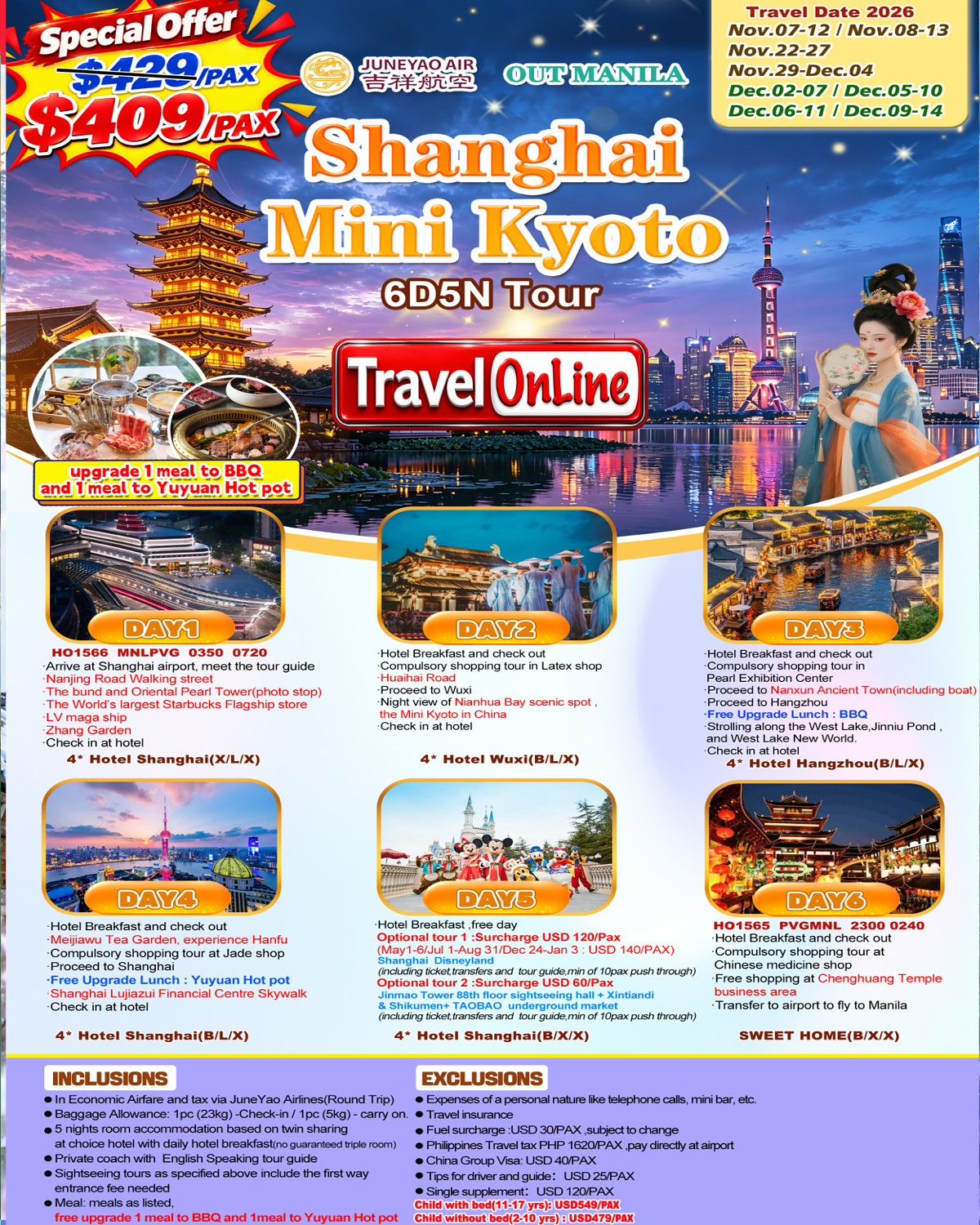 CHINA SHANGHAI MINI KYOTO 6 DAYS 5 NIGHTS ALL IN JOINER GROUP TOUR PACKAGE FROM MANILA PHILIPPINES - AS LOW AS: $409/PAX - TRAVELONLINE promo image