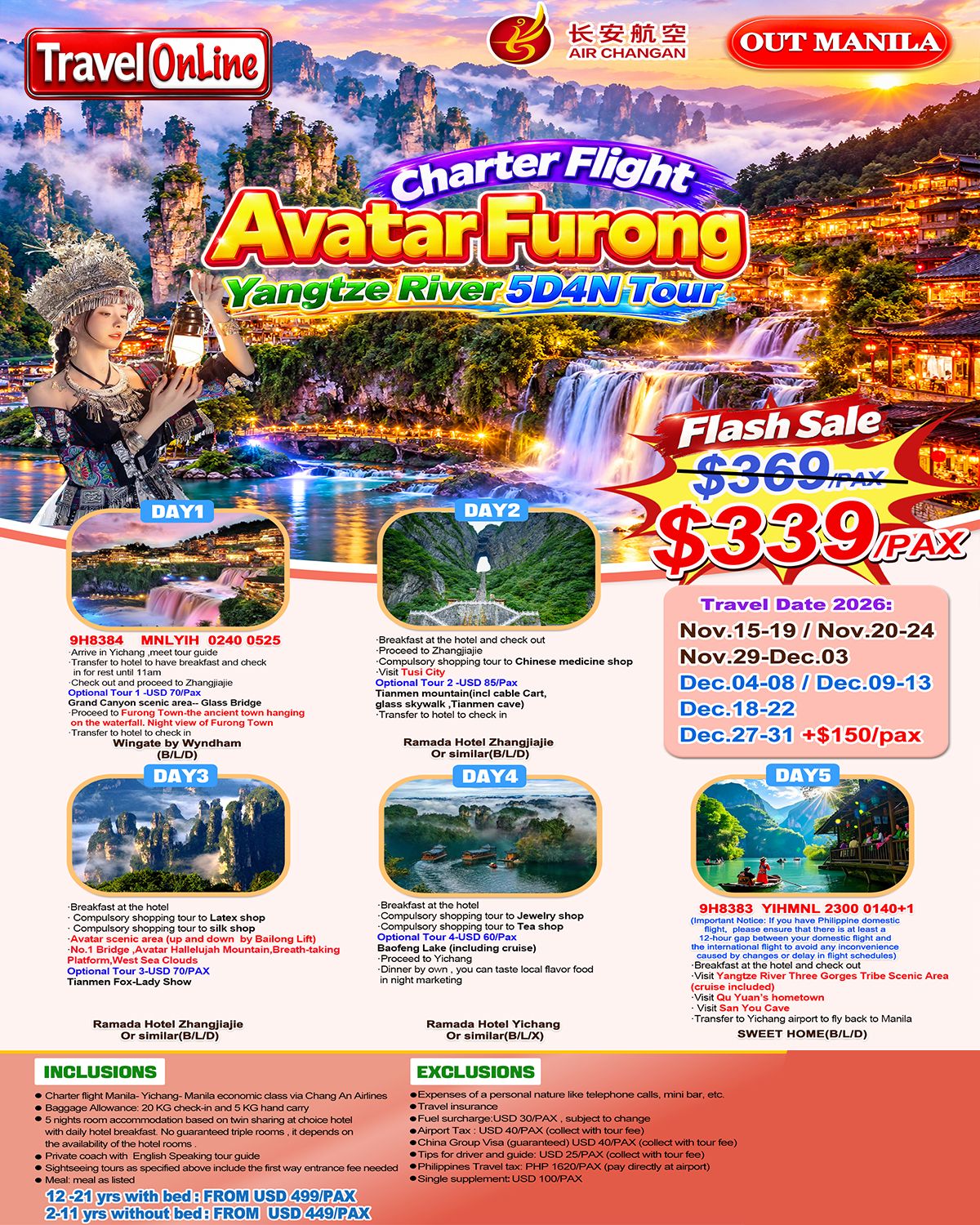 CHINA AVATAR FURONG YANGTZE RIVER 5 DAYS 4 NIGHTS ALL IN JOINER GROUP TOUR PACKAGE FROM MANILA PHILIPPINES - AS LOW AS: $339/PAX - TRAVELONLINE promo image
