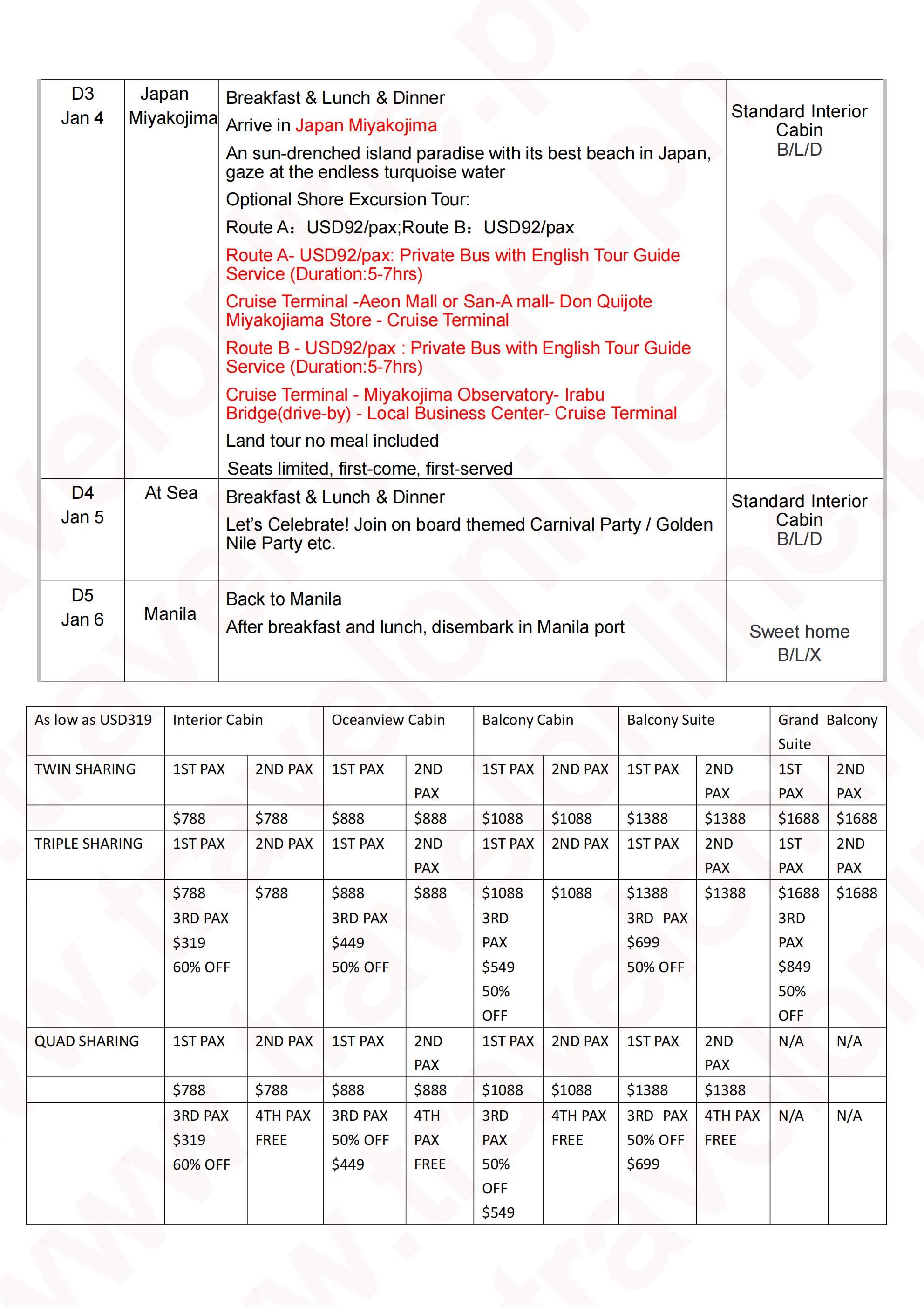 JAPAN MIYAKOJIMA 5 DAYS 4 NIGHTS ALL IN JOINER GROUP TOUR PACKAGE FROM MANILA PHILIPPINES - AS LOW AS: $319/PAX - TRAVELONLINE itinerary