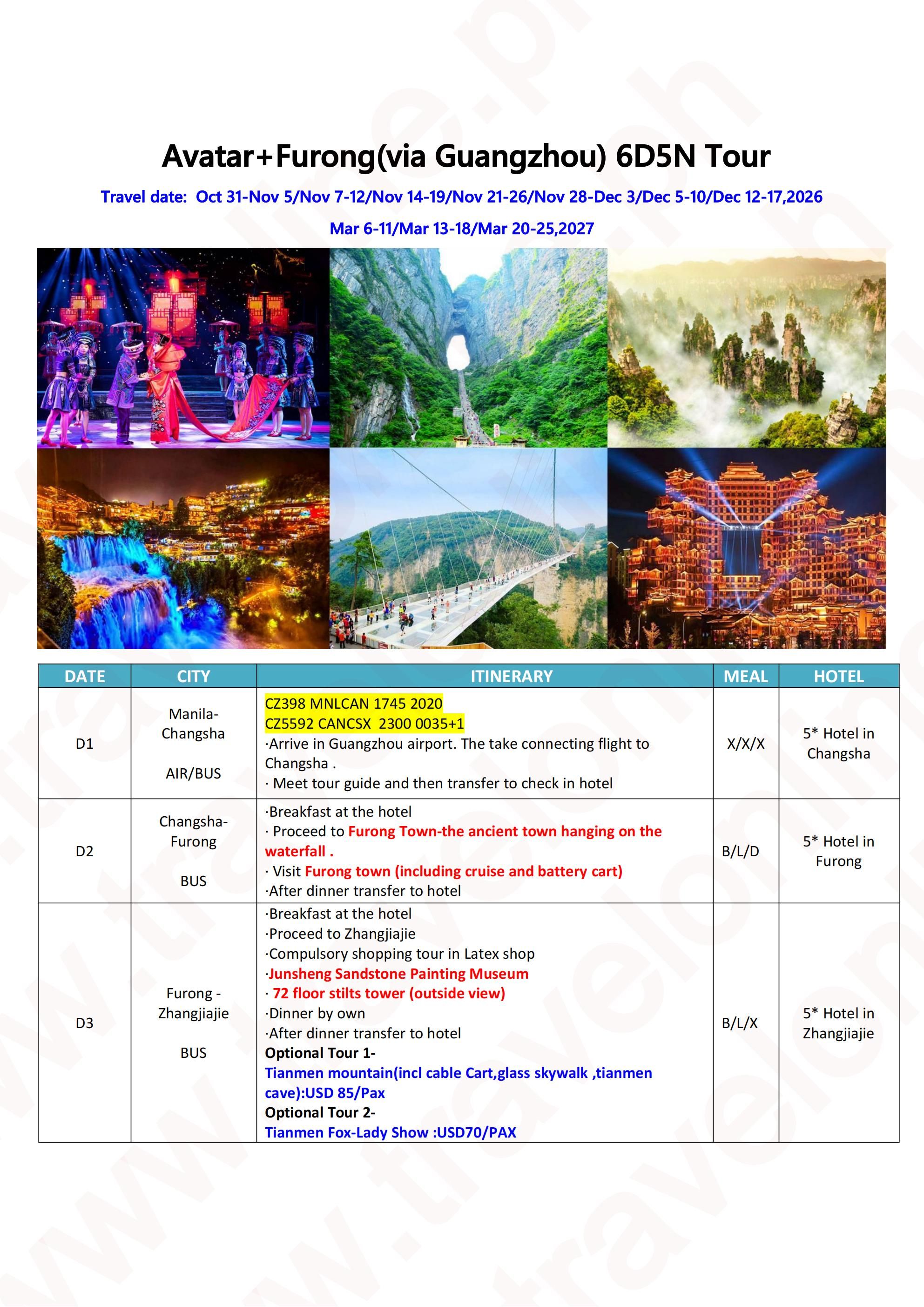 CHINA AVATAR FURONG 6 DAYS 5 NIGHTS ALL IN JOINER GROUP TOUR PACKAGE FROM MANILA PHILIPPINES - AS LOW AS: $459/PAX - TRAVELONLINE itinerary
