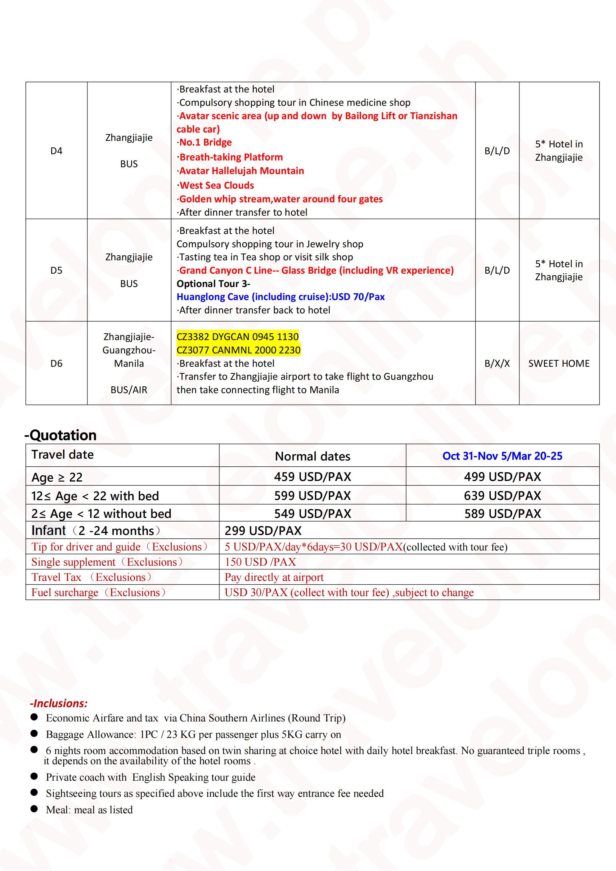 CHINA AVATAR FURONG 6 DAYS 5 NIGHTS ALL IN JOINER GROUP TOUR PACKAGE FROM MANILA PHILIPPINES - AS LOW AS: $459/PAX - TRAVELONLINE itinerary