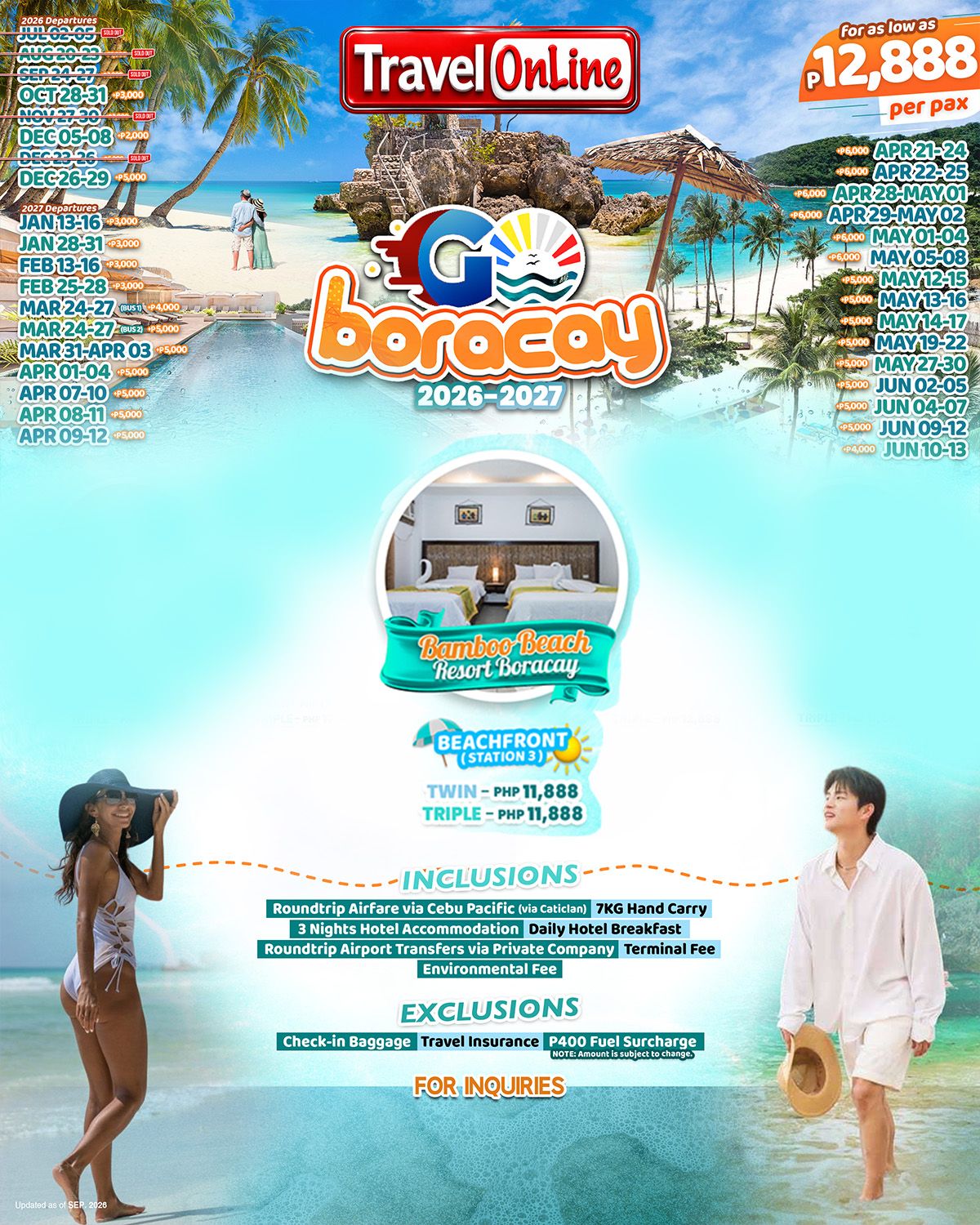 BAMBOO BORACAY BEACH RESORT 4 DAYS 3 NIGHTS ALL IN JOINER GROUP TOUR PACKAGE FROM MANILA PHILIPPINES - AS LOW AS: ₱11888/PAX - TRAVELONLINE promo image