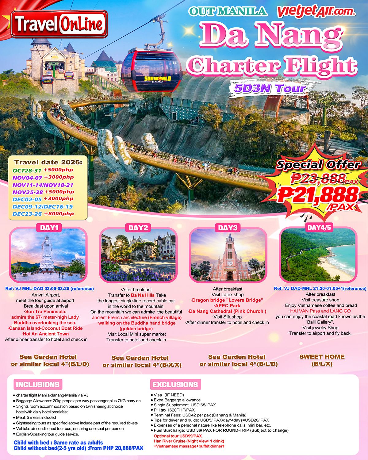 DA NANG VIETNAM 5 DAYS 3 NIGHTS JOINER GROUP TOUR FROM MANILA PHILIPPINES AS LOW AS: ₱21888/PAX - TRAVELONLINE promo image