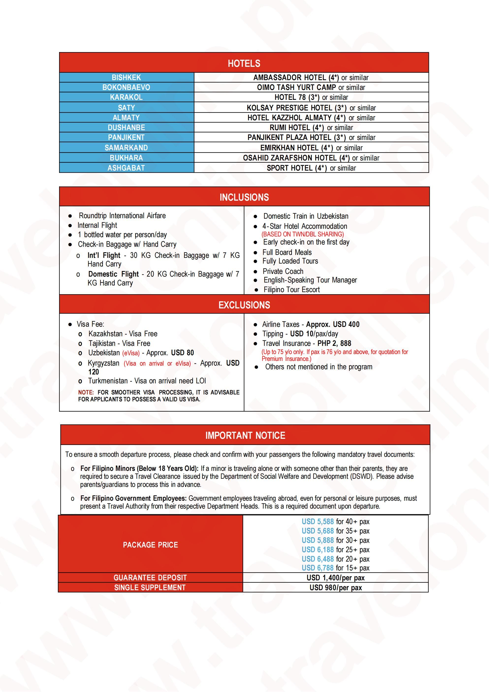 KYRGYZSTAN KAZAKHSTAN TAJIKISTAN UZBEKISTAN TURKMENISTAN 20 DAYS 18 NIGHTS ALL IN JOINER GROUP TOUR PACKAGE FROM MANILA PHILIPPINES - AS LOW AS: $5588/PAX - TRAVELONLINE itinerary