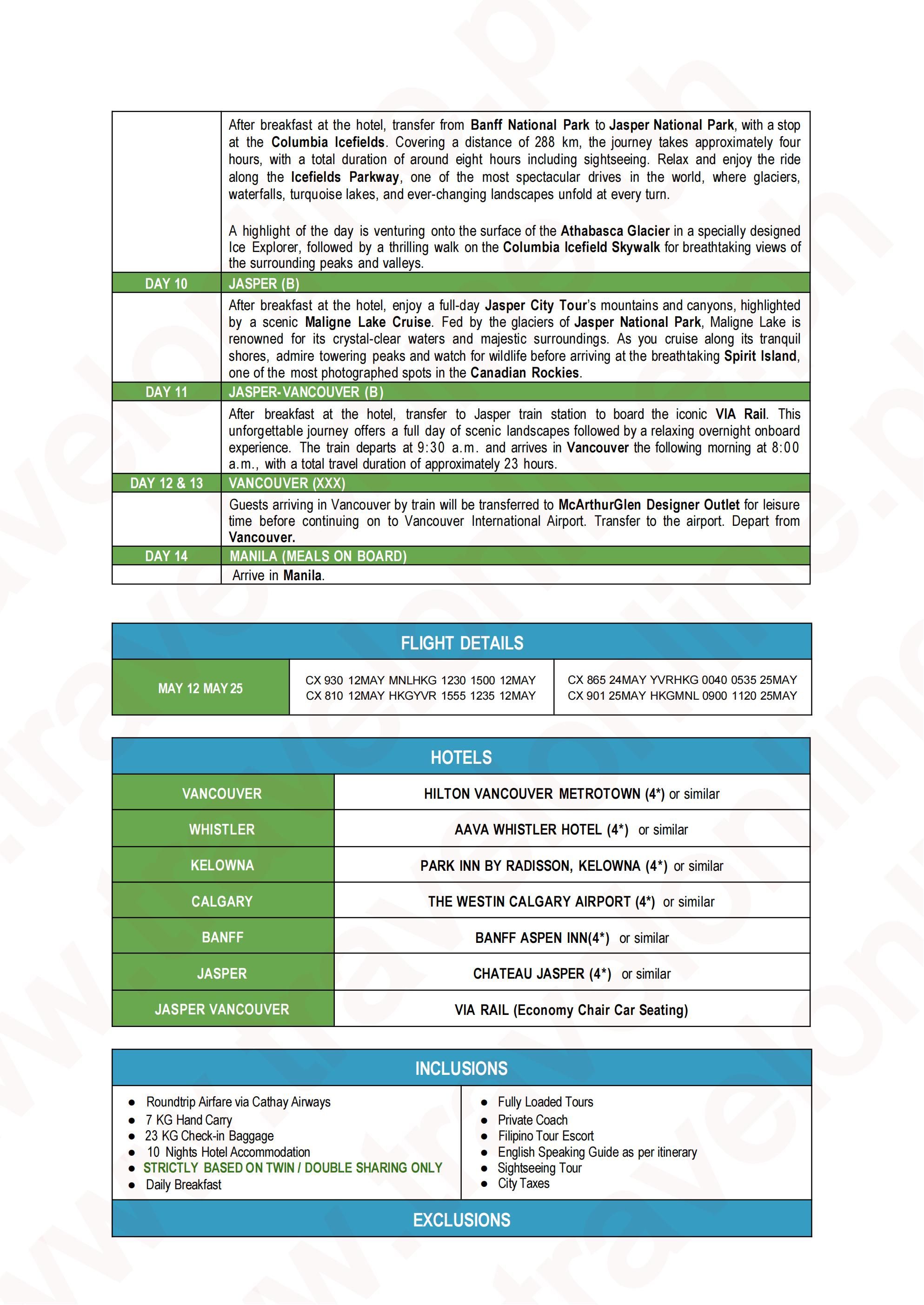 CANADA 14 DAYS 13 NIGHTS ALL IN JOINER GROUP TOUR PACKAGE FROM MANILA PHILIPPINES - AS LOW AS: $5488/PAX - TRAVELONLINE itinerary