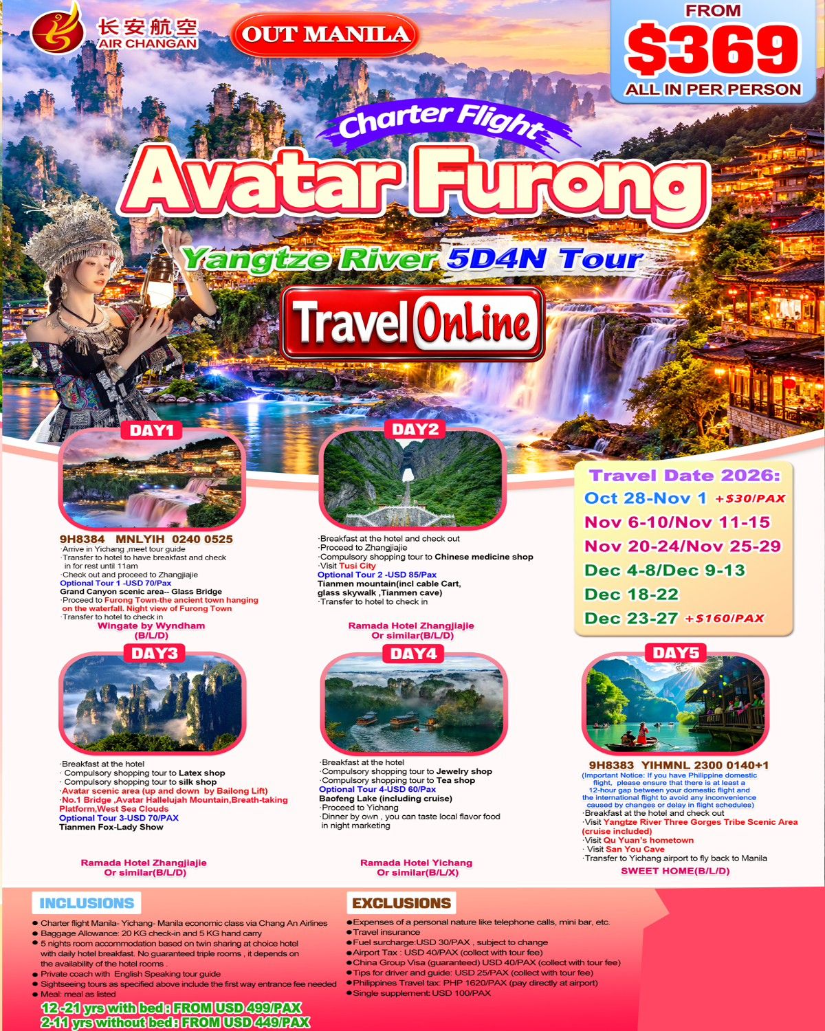CHINA AVATAR FURONG YANGTZE RIVER 5 DAYS 4 NIGHTS ALL IN JOINER GROUP TOUR PACKAGE FROM MANILA PHILIPPINES - AS LOW AS: $369/PAX - TRAVELONLINE promo image