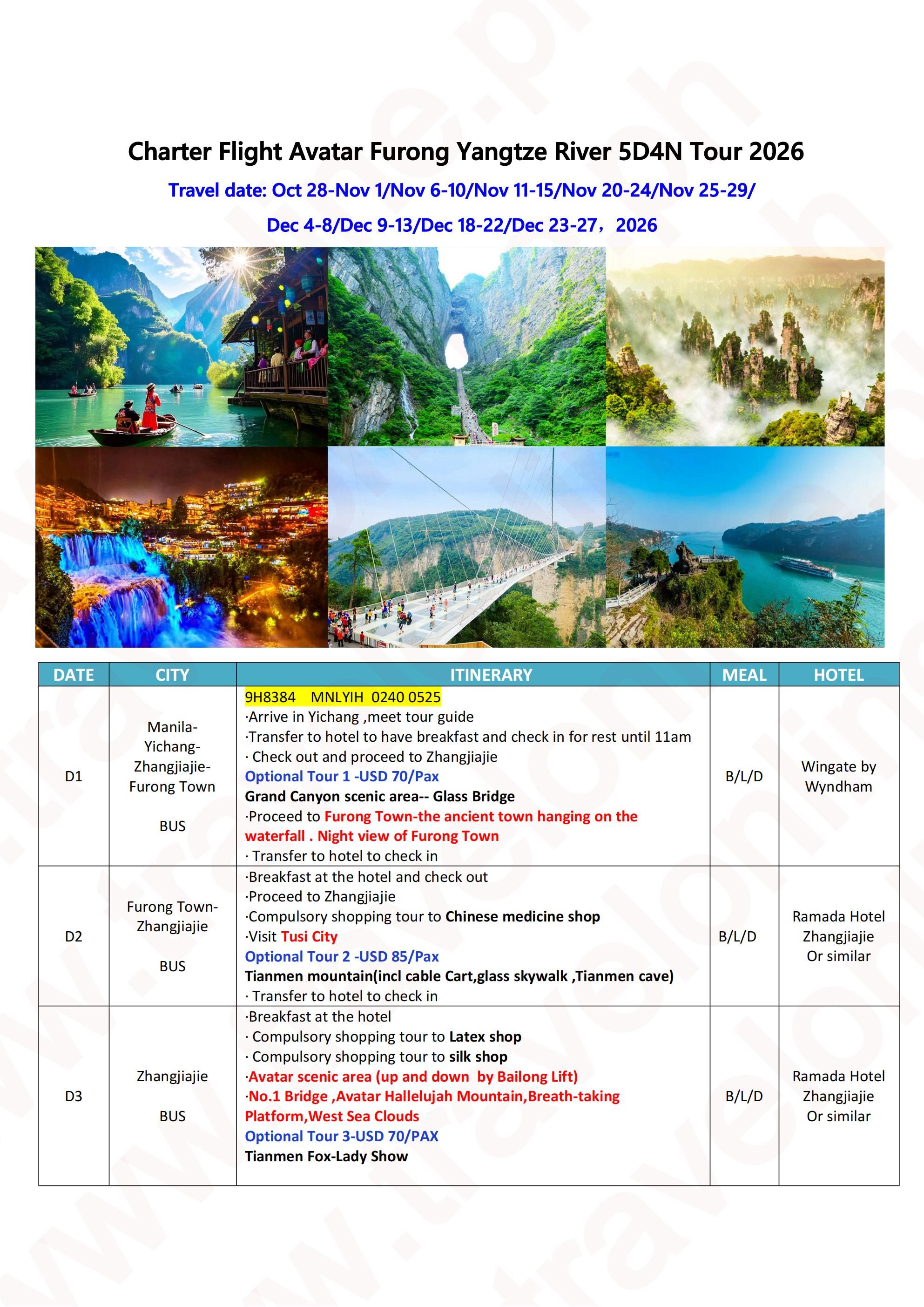 CHINA AVATAR FURONG YANGTZE RIVER 5 DAYS 4 NIGHTS ALL IN JOINER GROUP TOUR PACKAGE FROM MANILA PHILIPPINES - AS LOW AS: $369/PAX - TRAVELONLINE itinerary