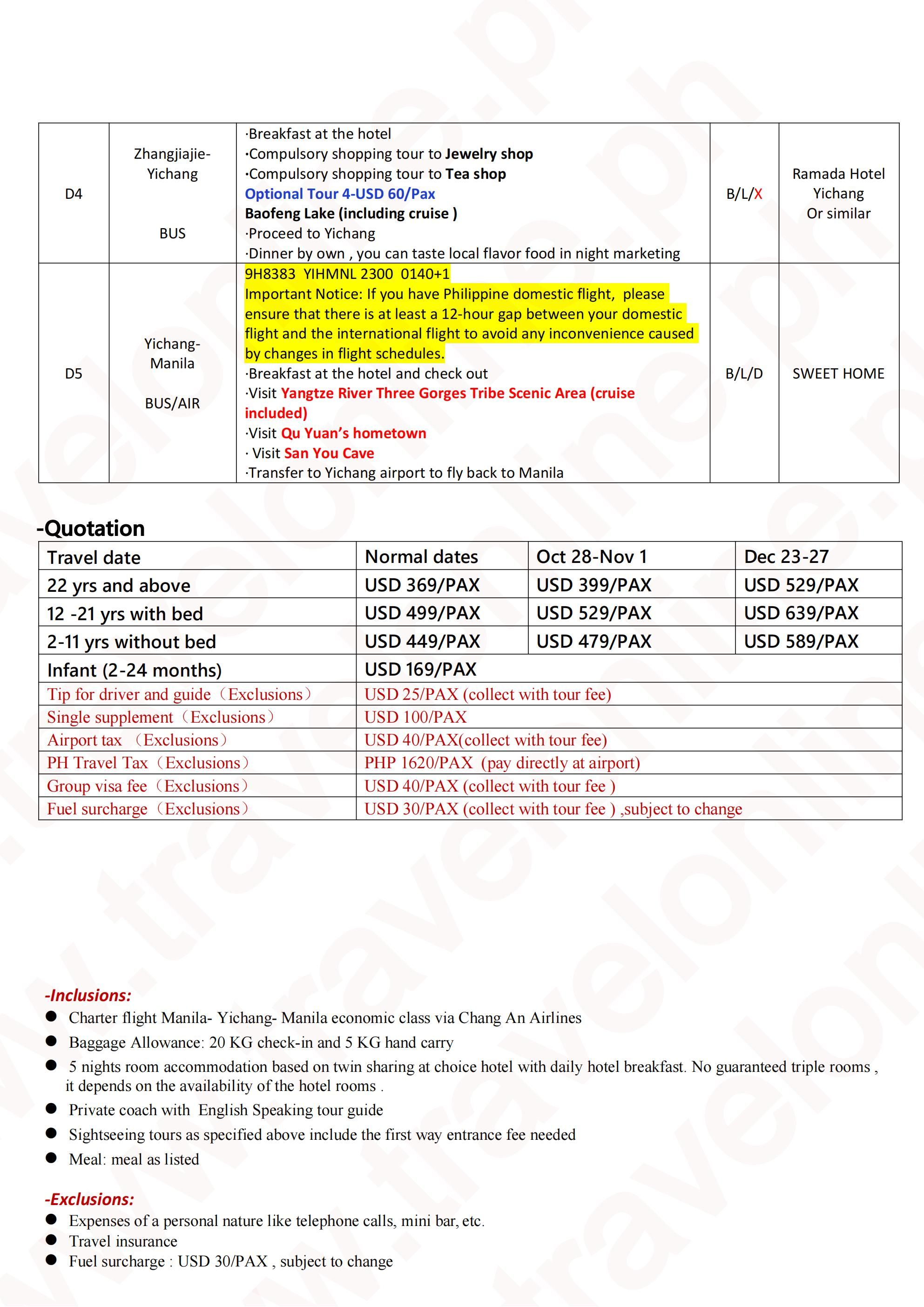 CHINA AVATAR FURONG YANGTZE RIVER 5 DAYS 4 NIGHTS ALL IN JOINER GROUP TOUR PACKAGE FROM MANILA PHILIPPINES - AS LOW AS: $369/PAX - TRAVELONLINE itinerary