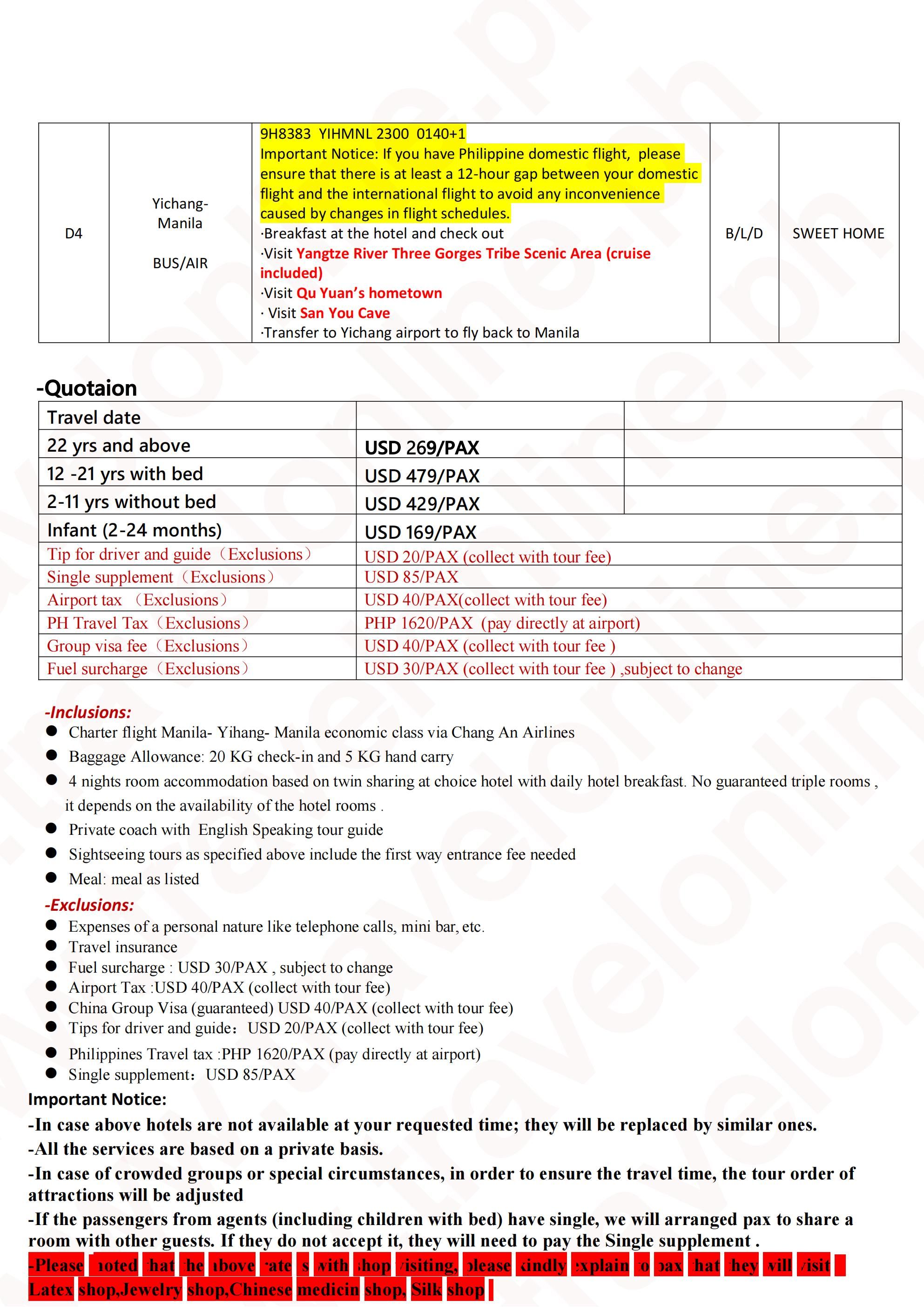 CHINA AVATAR YANGTZE RIVER 4 DAYS 3 NIGHTS ALL IN JOINER GROUP TOUR PACKAGE FROM MANILA PHILIPPINES - TRAVELONLINE: AS LOW AS $269/PAX itinerary