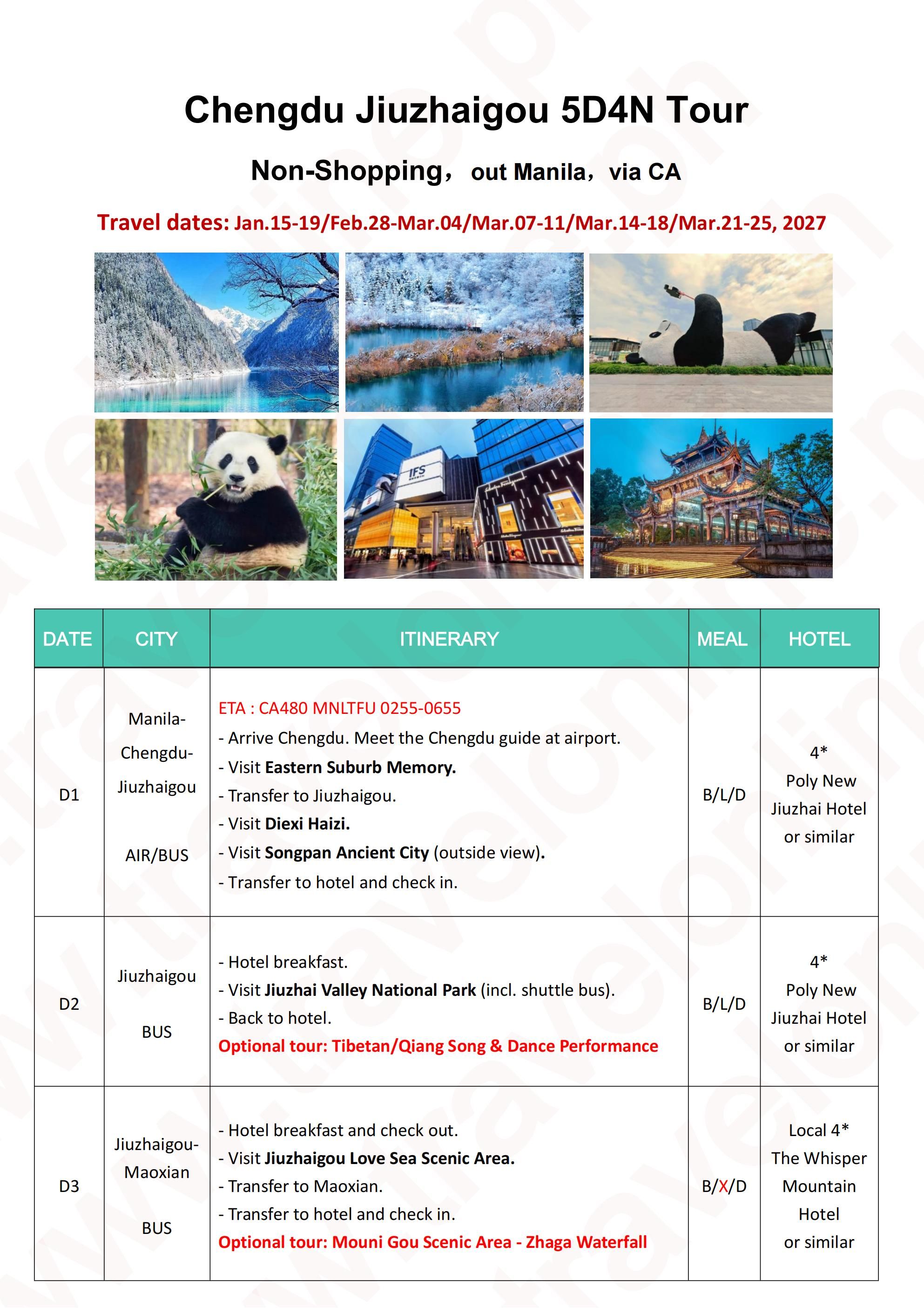 CHENGDU JIUZHAIGOU 5 DAYS 4 NIGHTS ALL IN JOINER GROUP TOUR PACKAGE FROM MANILA PHILIPPINES - AS LOW AS: $488/PAX - TRAVELONLINE itinerary