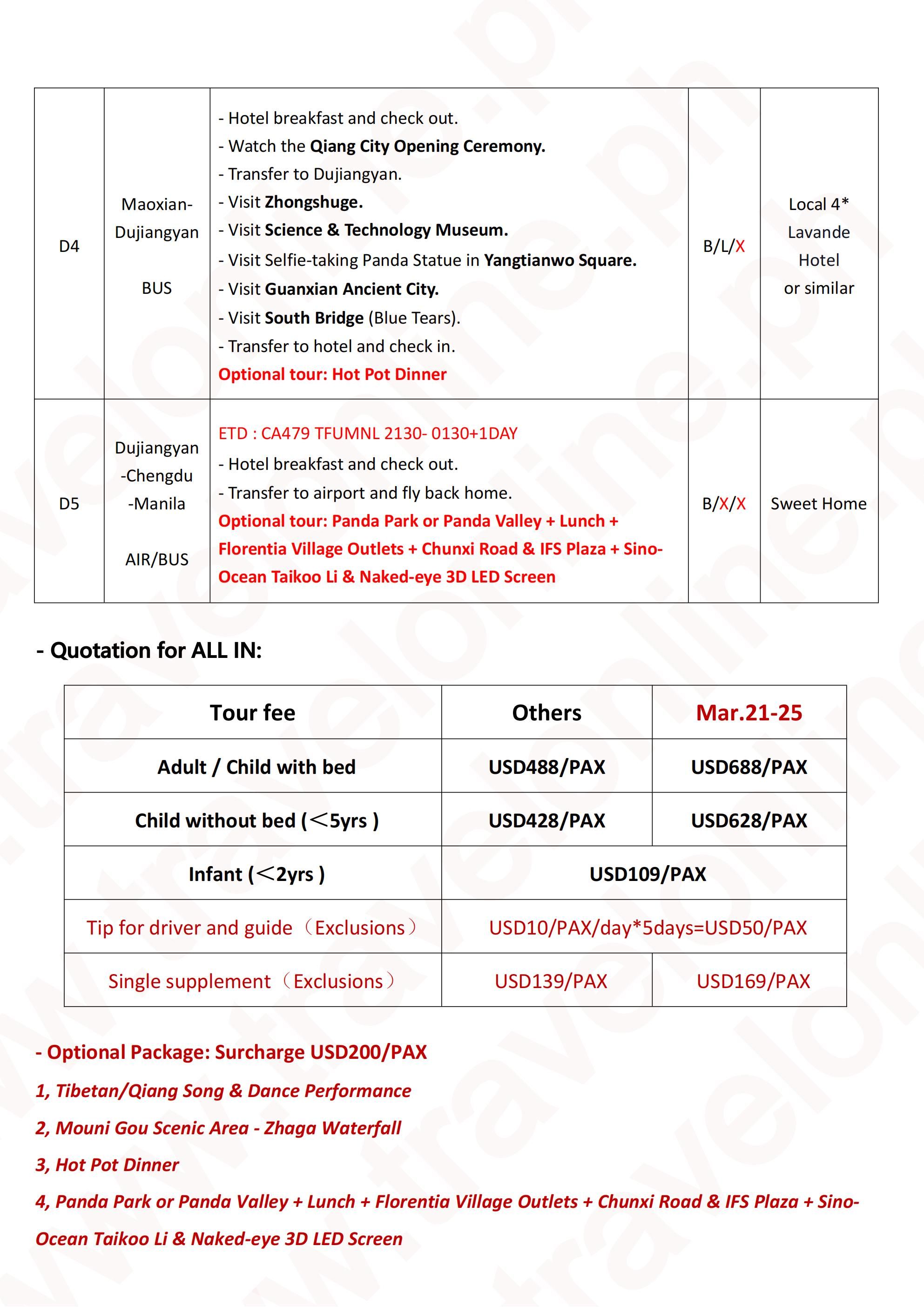 CHENGDU JIUZHAIGOU 5 DAYS 4 NIGHTS ALL IN JOINER GROUP TOUR PACKAGE FROM MANILA PHILIPPINES - AS LOW AS: $488/PAX - TRAVELONLINE itinerary