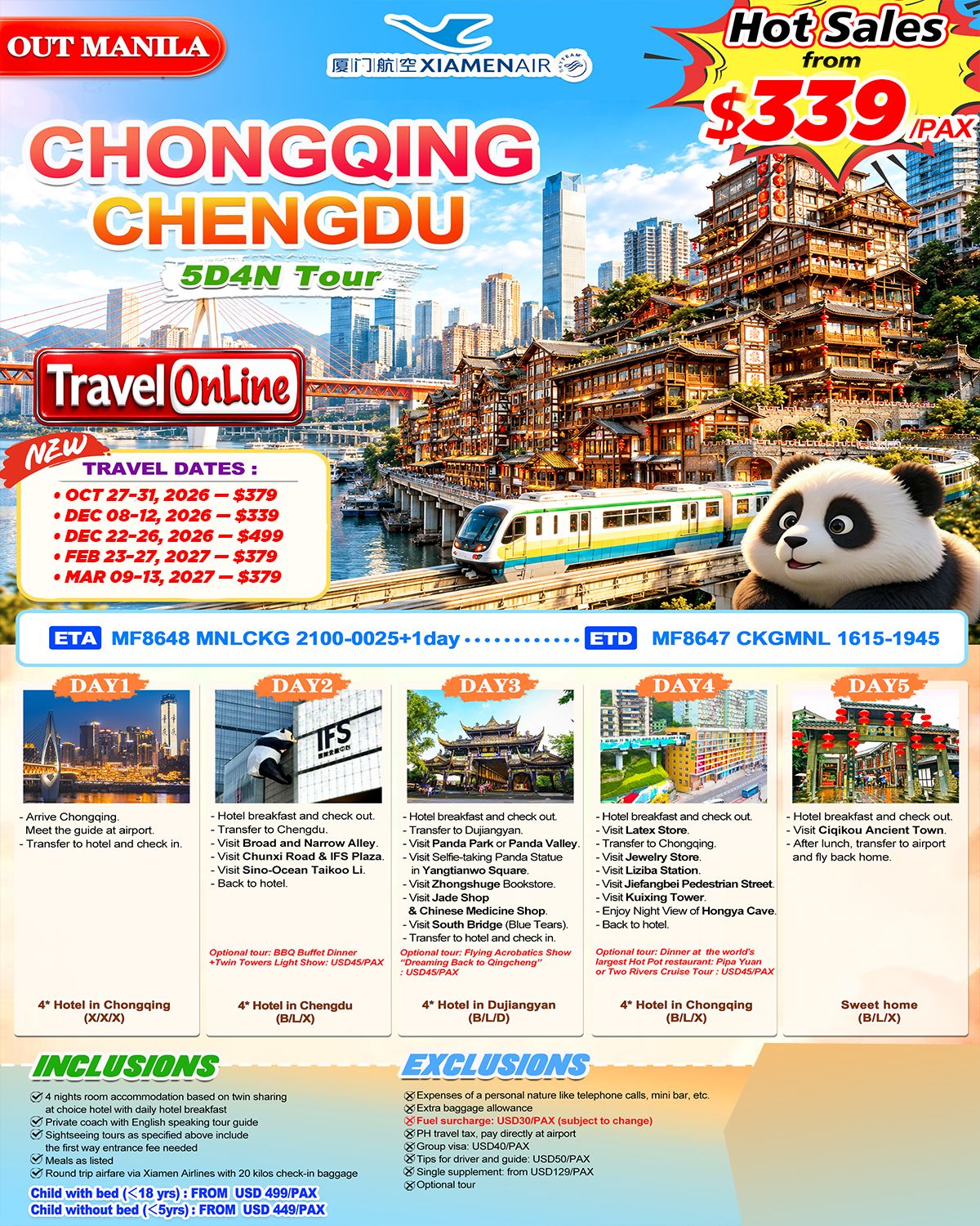 CHONGQING CHENGDU 5 DAYS 4 NIGHTS ALL IN JOINER GROUP TOUR PACKAGE FROM MANILA PHILIPPINES - AS LOW AS: $299/PAX - TRAVELONLINE promo image