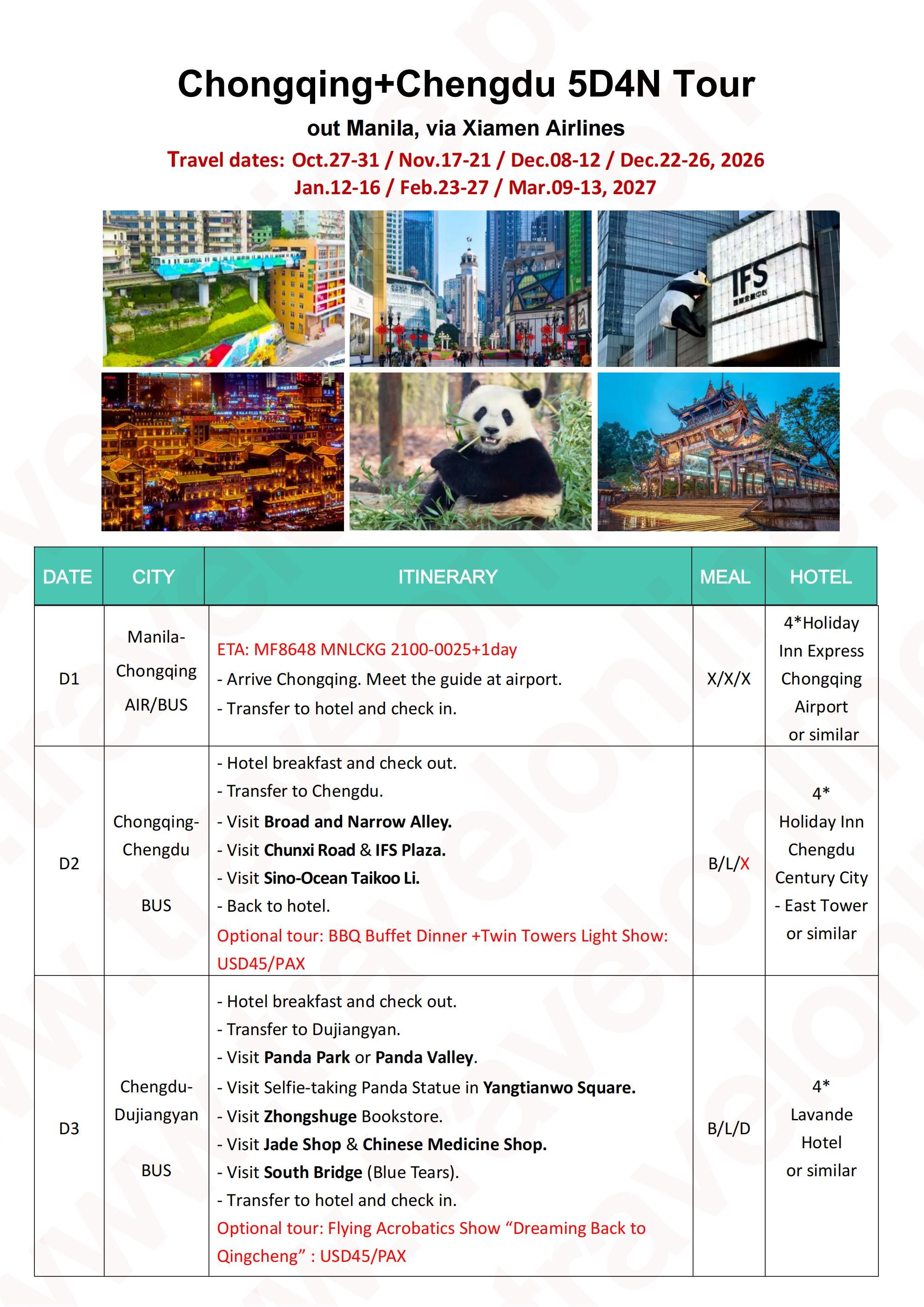 CHONGQING CHENGDU 5 DAYS 4 NIGHTS ALL IN JOINER GROUP TOUR PACKAGE FROM MANILA PHILIPPINES - AS LOW AS: $299/PAX - TRAVELONLINE itinerary
