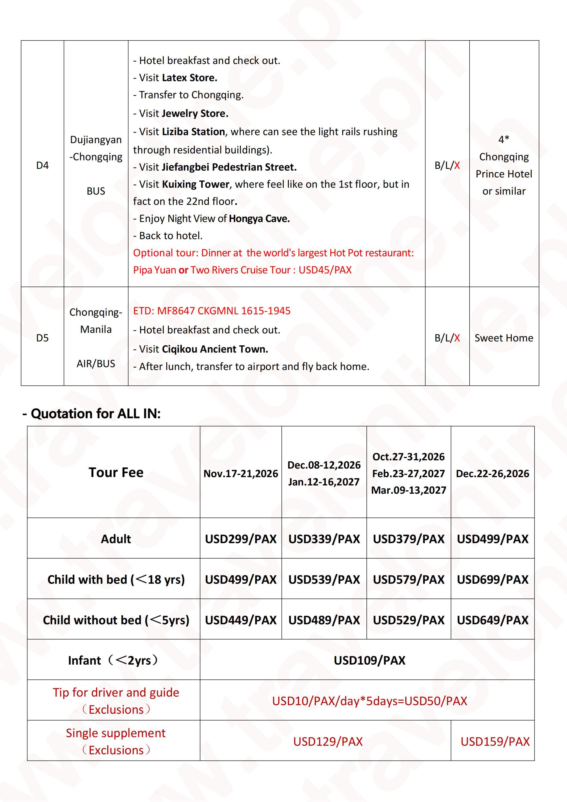 CHONGQING CHENGDU 5 DAYS 4 NIGHTS ALL IN JOINER GROUP TOUR PACKAGE FROM MANILA PHILIPPINES - AS LOW AS: $299/PAX - TRAVELONLINE itinerary