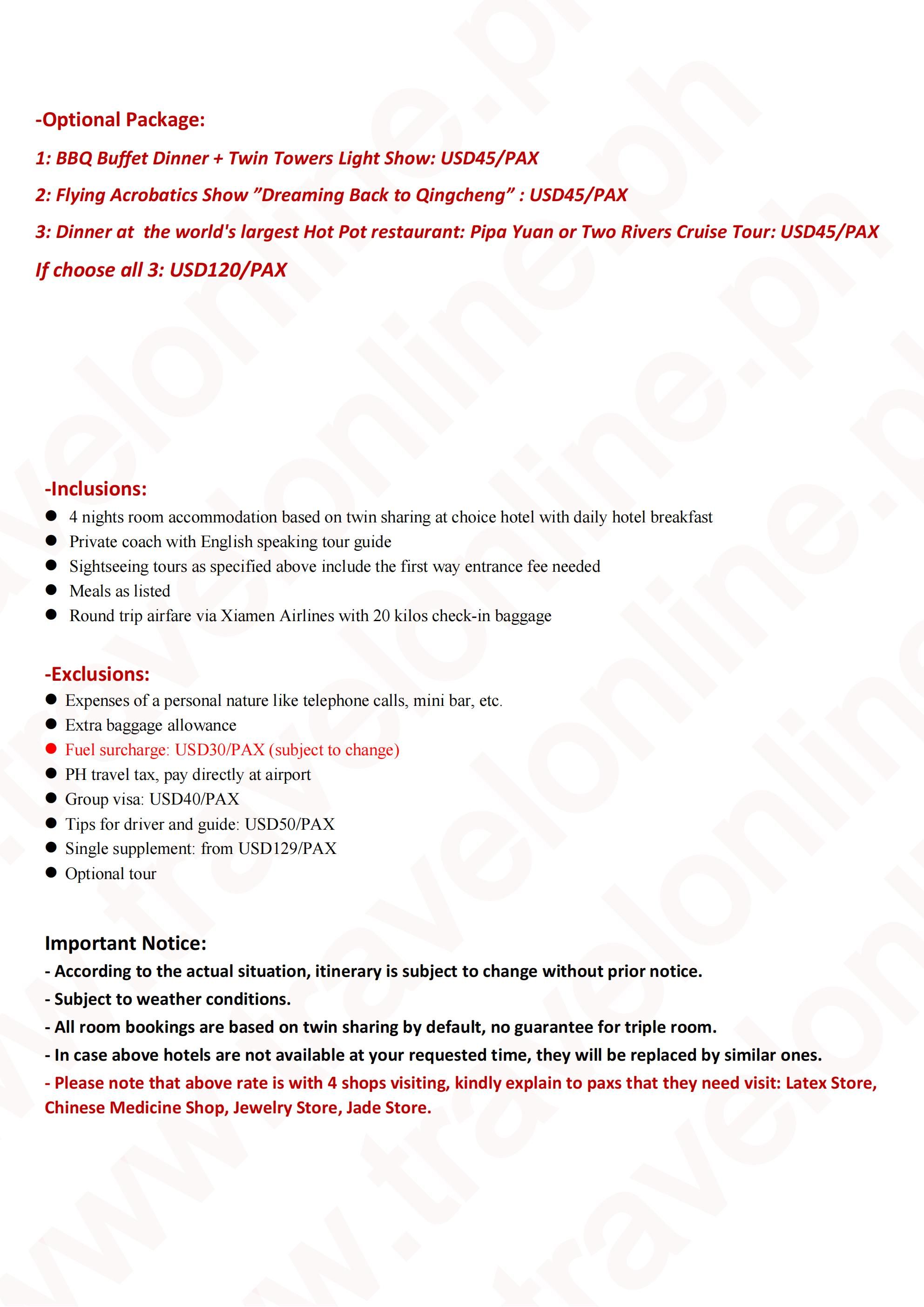 CHONGQING CHENGDU 5 DAYS 4 NIGHTS ALL IN JOINER GROUP TOUR PACKAGE FROM MANILA PHILIPPINES - AS LOW AS: $299/PAX - TRAVELONLINE itinerary