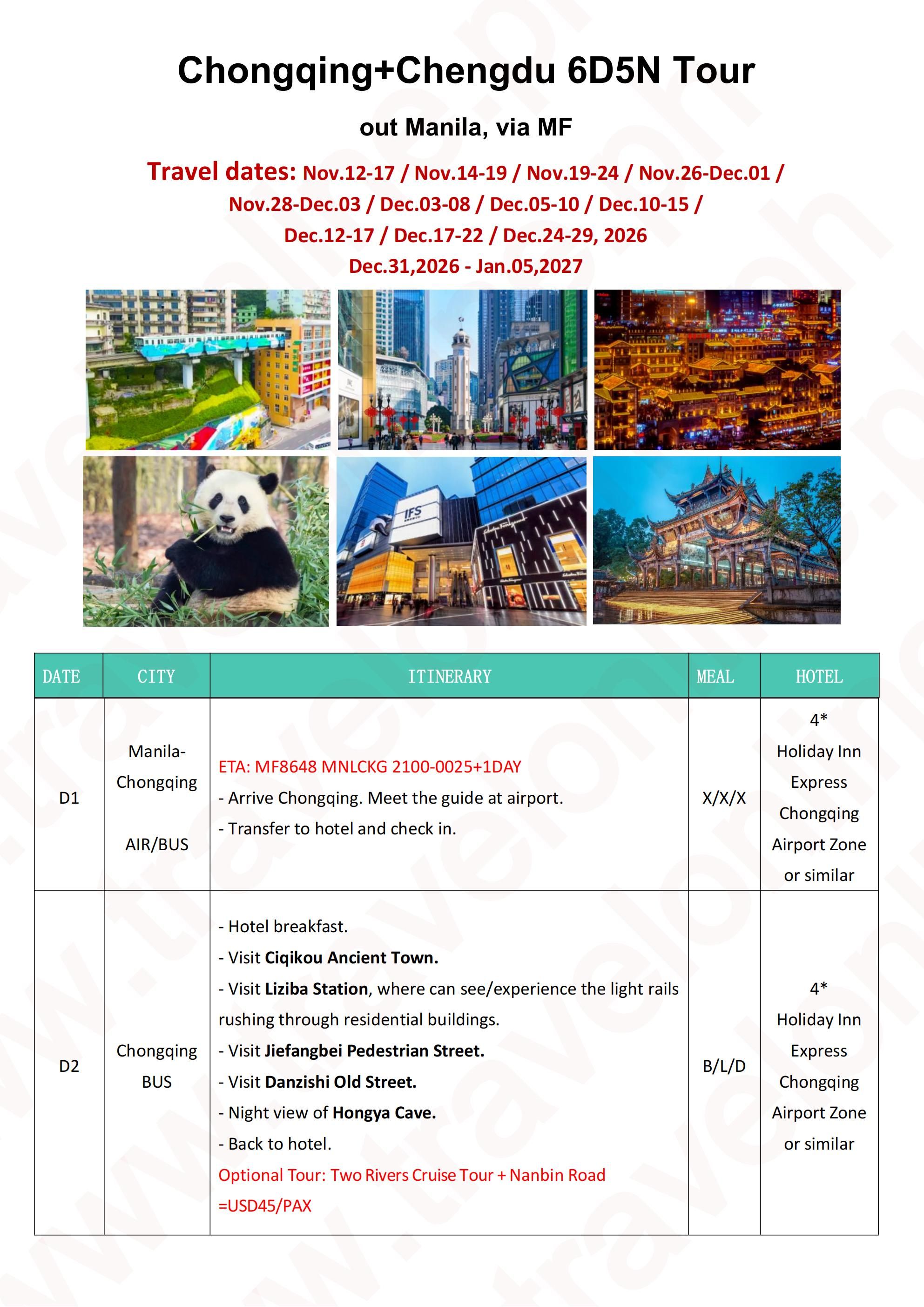 CHENGDU CHONGQING CHINA 6 DAYS 5 NIGHTS ALL IN JOINER GROUP TOUR PACKAGE FROM MANILA PHILIPPINES - AS LOW AS: $369/PAX - TRAVELONLINE itinerary