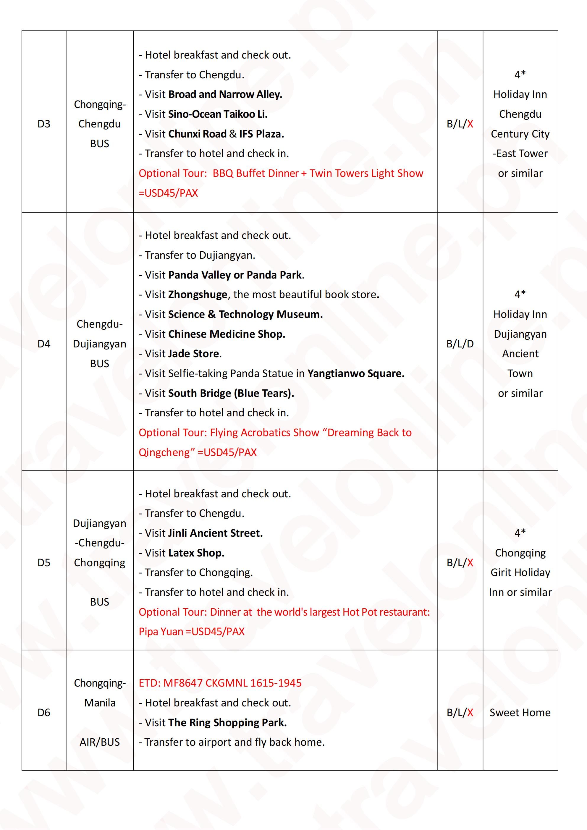 CHENGDU CHONGQING CHINA 6 DAYS 5 NIGHTS ALL IN JOINER GROUP TOUR PACKAGE FROM MANILA PHILIPPINES - AS LOW AS: $369/PAX - TRAVELONLINE itinerary