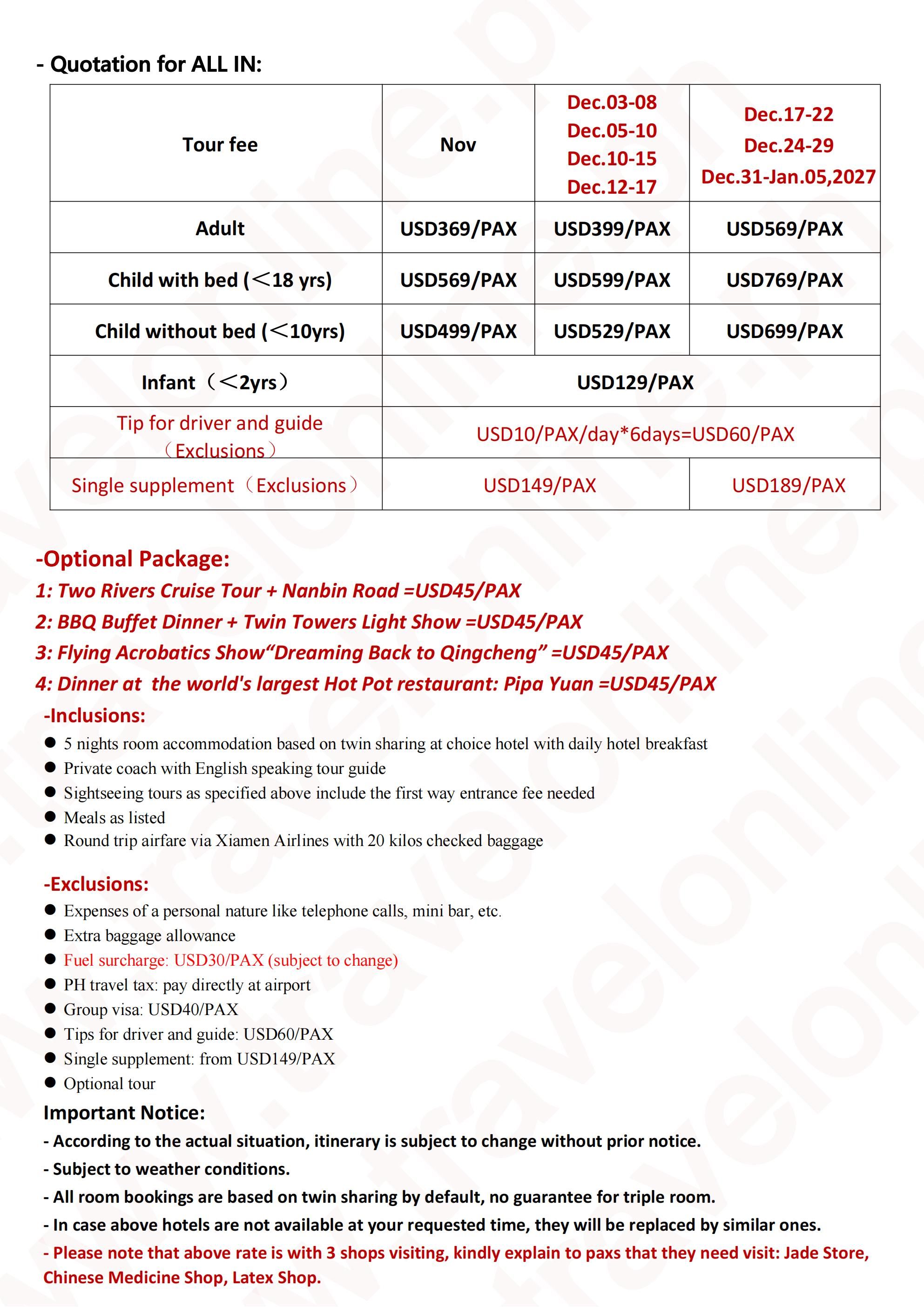 CHENGDU CHONGQING CHINA 6 DAYS 5 NIGHTS ALL IN JOINER GROUP TOUR PACKAGE FROM MANILA PHILIPPINES - AS LOW AS: $369/PAX - TRAVELONLINE itinerary