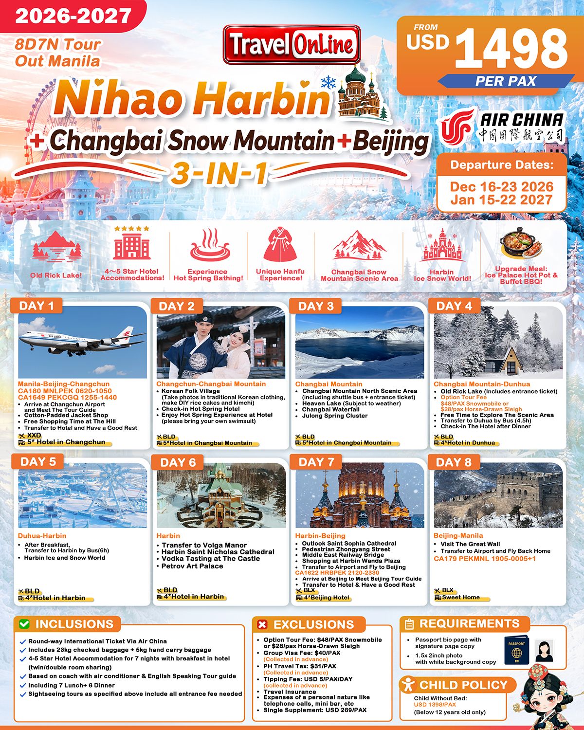 CHINA HARBIN CHANGBAI MOUNTAIN BEIJING 8 DAYS 7 NIGHTS ALL IN JOINER GROUP TOUR PACKAGE FROM MANILA PHILIPPINES - AS LOW AS: $1498/PAX - TRAVELONLINE promo image