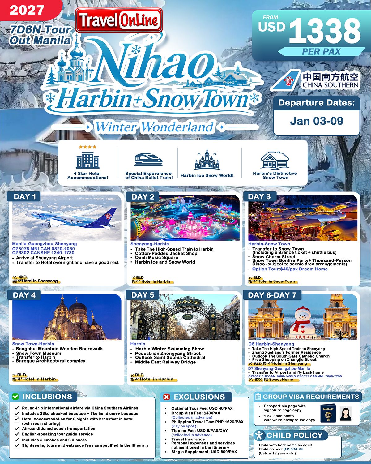 CHINA HARBIN AND SNOW TOWN 7 DAYS 6 NIGHTS ALL IN JOINER GROUP TOUR PACKAGE FROM MANILA PHILIPPINES - AS LOW AS: $1338/PAX - TRAVELONLINE promo image