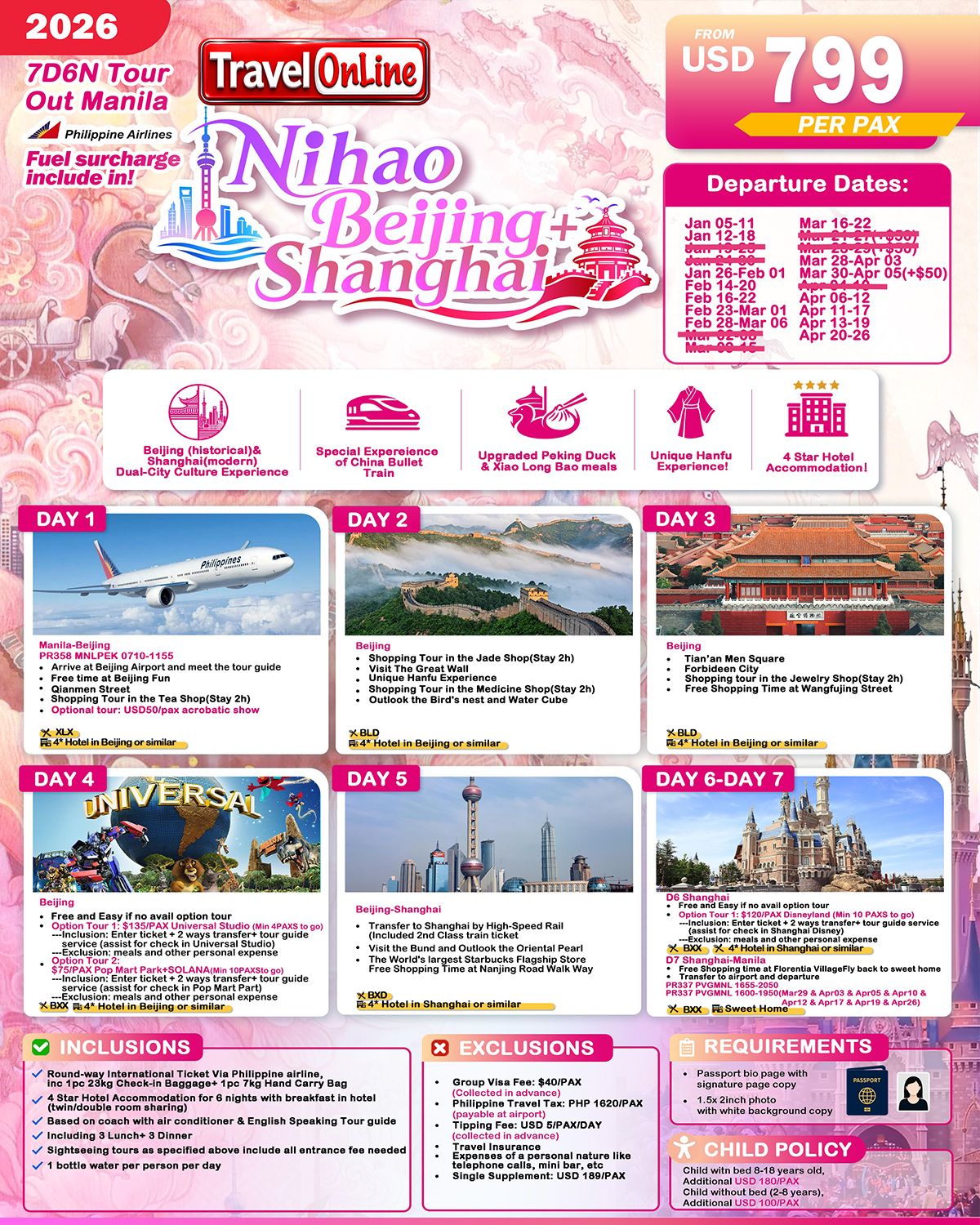 CHINA BEIJING SHANGHAI 7 DAYS 6 NIGHTS ALL IN JOINER GROUP TOUR PACKAGE FROM MANILA PHILIPPINES - AS LOW AS: $799/PAX - TRAVELONLINE promo image