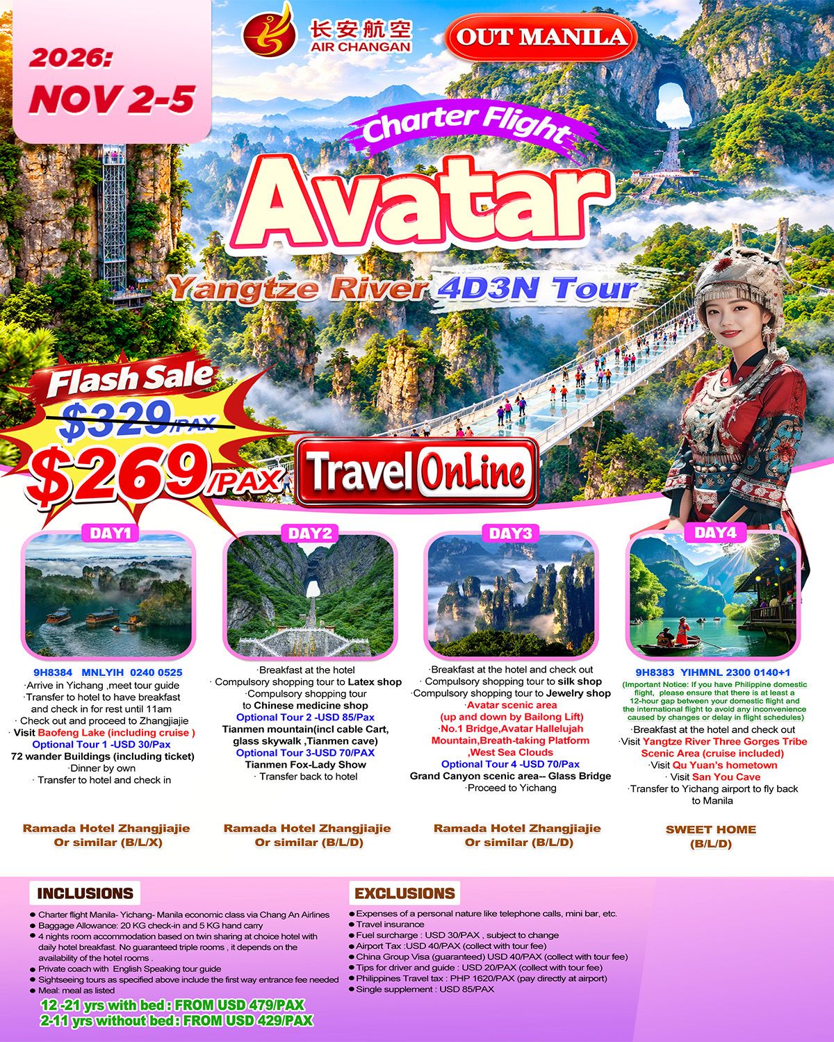 CHINA AVATAR YANGTZE RIVER 4 DAYS 3 NIGHTS ALL IN JOINER GROUP TOUR PACKAGE FROM MANILA PHILIPPINES - TRAVELONLINE: AS LOW AS $269/PAX promo image