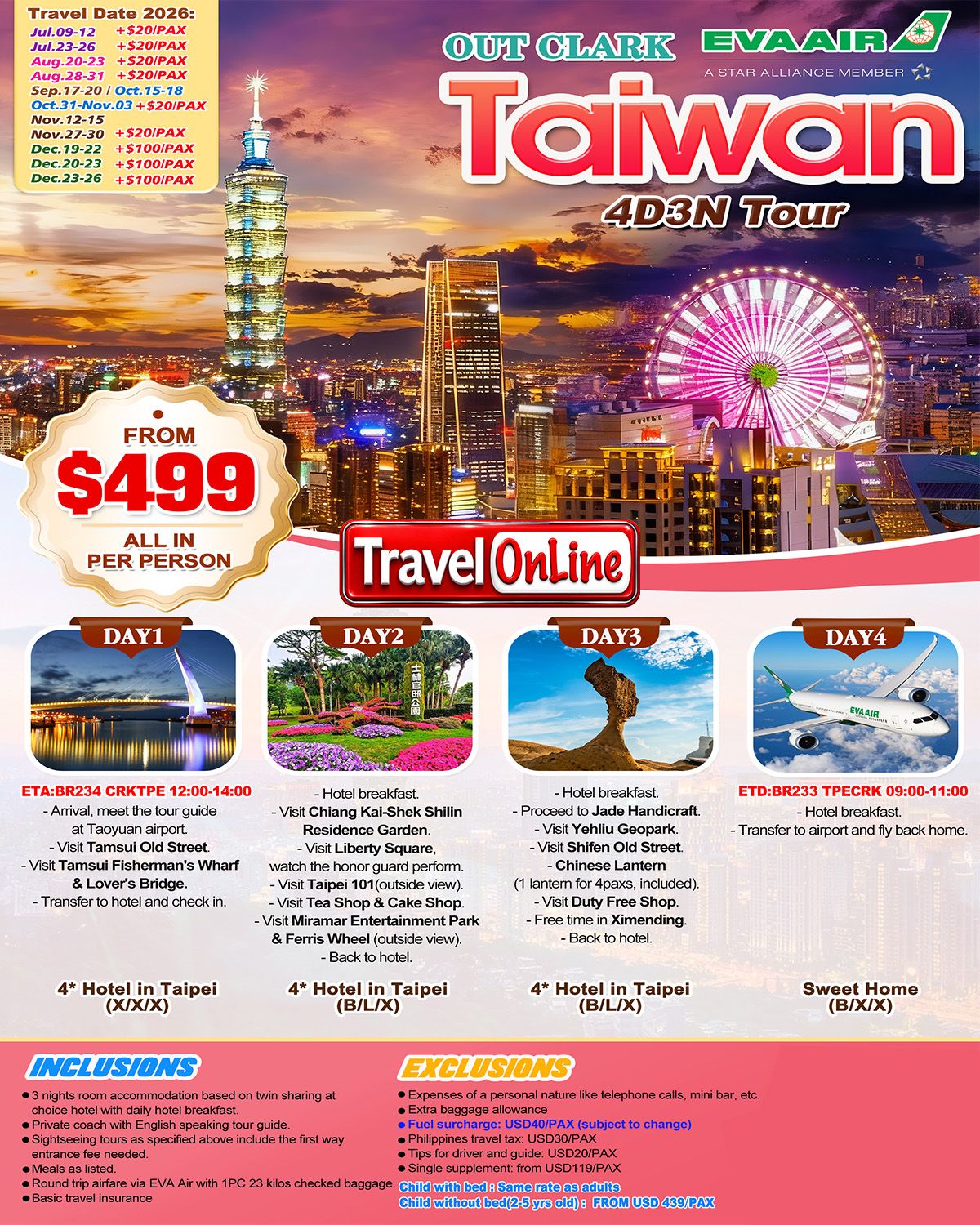 TAIWAN 4 DAYS 3 NIGHTS ALL IN JOINER GROUP TOUR PACKAGE FROM CLARK PHILIPPINES - AS LOW AS: $499/PAX - TRAVELONLINE promo image
