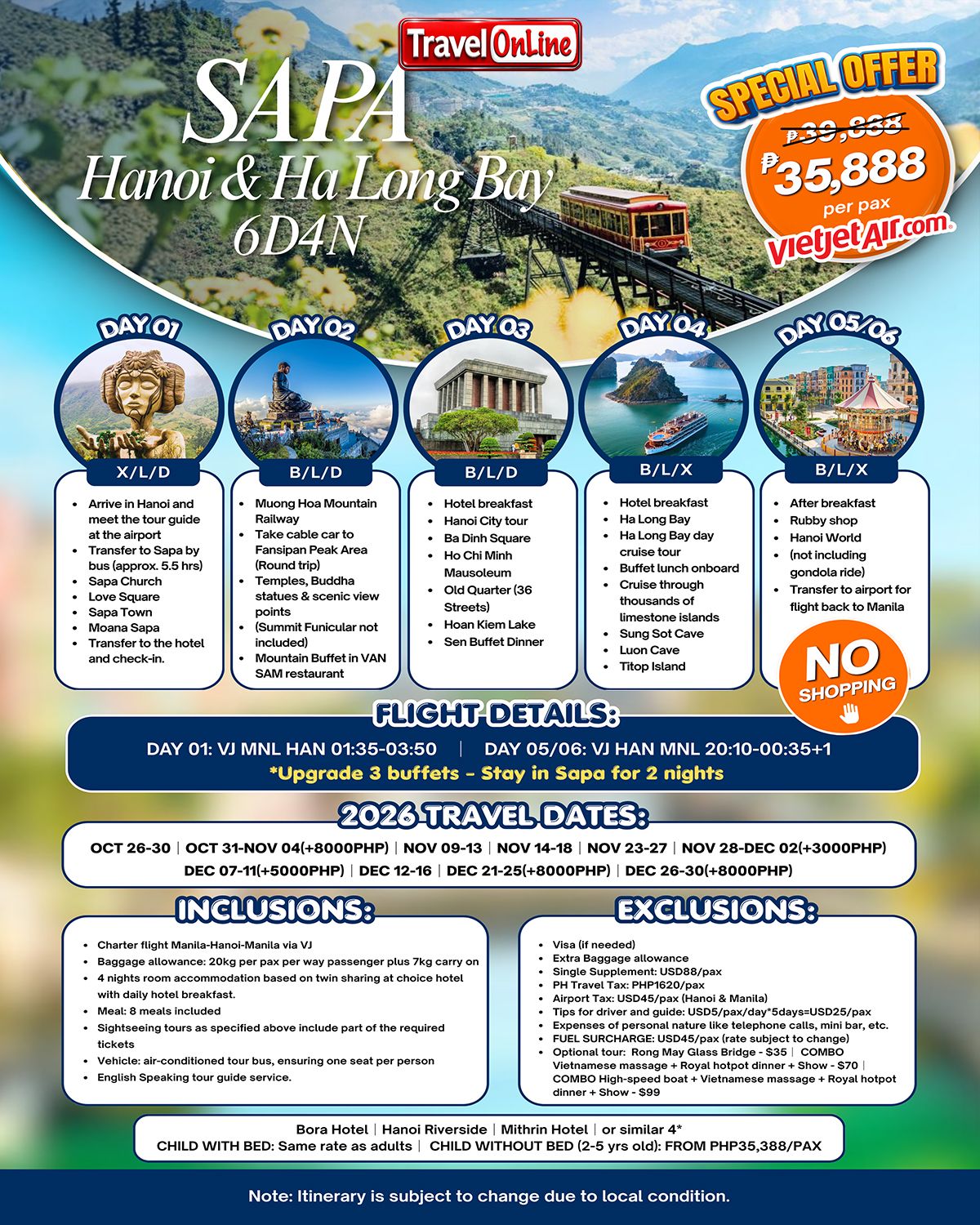 HANOI SAPA HA LONG BAY VIETNAM 6 DAYS 4 NIGHTS ALL IN JOINER GROUP TOUR PACKAGE FROM MANILA PHILIPPINES - AS LOW AS: ₱35888/PAX - TRAVELONLINE promo image