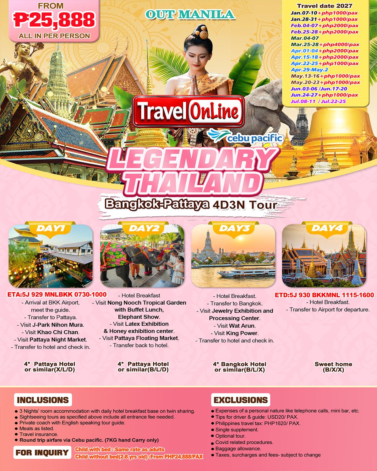 BANGKOK PATTAYA THAILAND 4 DAYS 3 NIGHTS ALL IN JOINER GROUP TOUR PACKAGE FROM MANILA PHILIPPINES - AS LOW AS: ₱25888/PAX - TRAVELONLINE