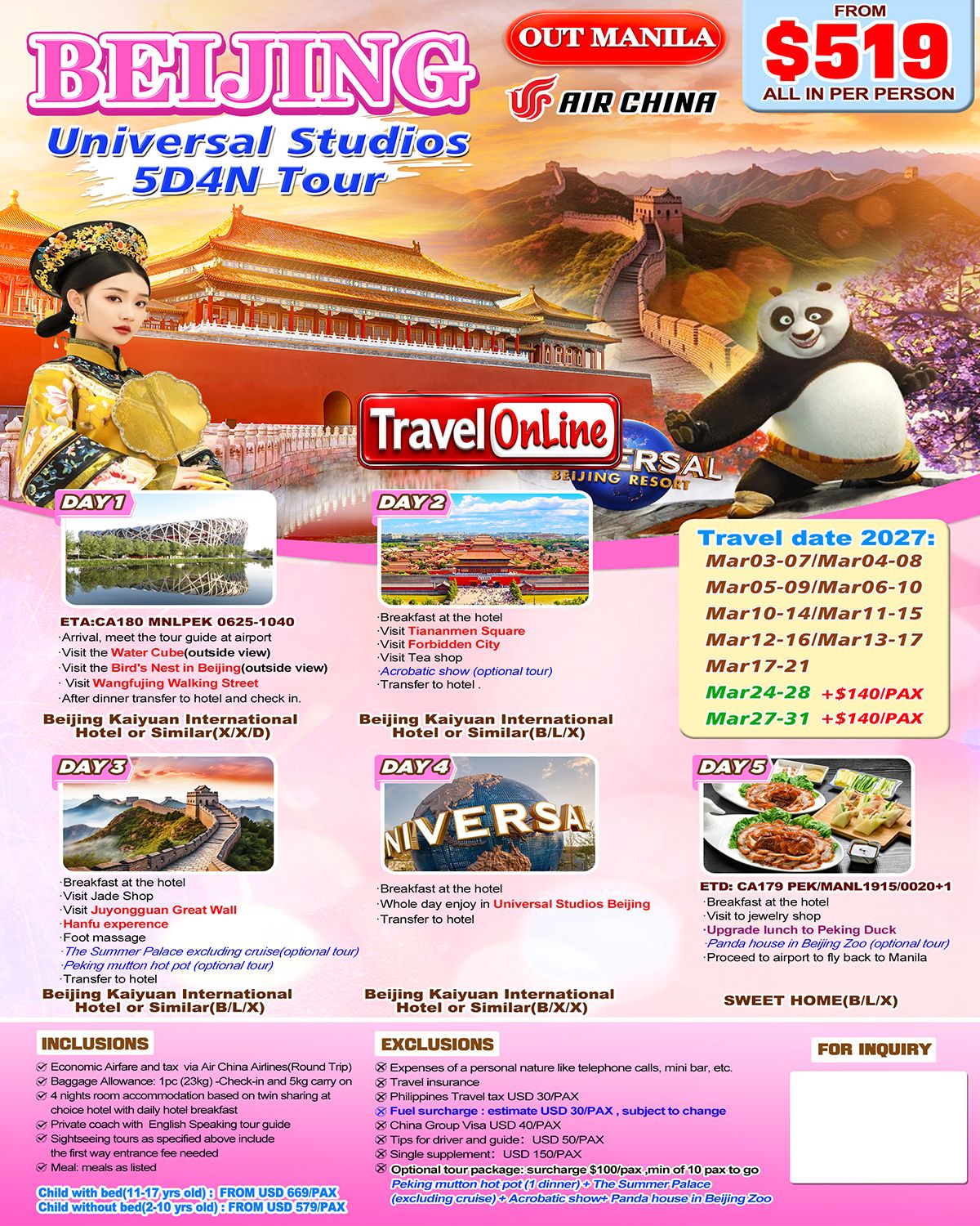 CHINA BEIJING UNIVERSAL STUDIOS 5 DAYS 4 NIGHTS ALL IN JOINER GROUP TOUR PACKAGE FROM MANILA PHILIPPINES - AS LOW AS: $519/PAX - TRAVELONLINE promo image