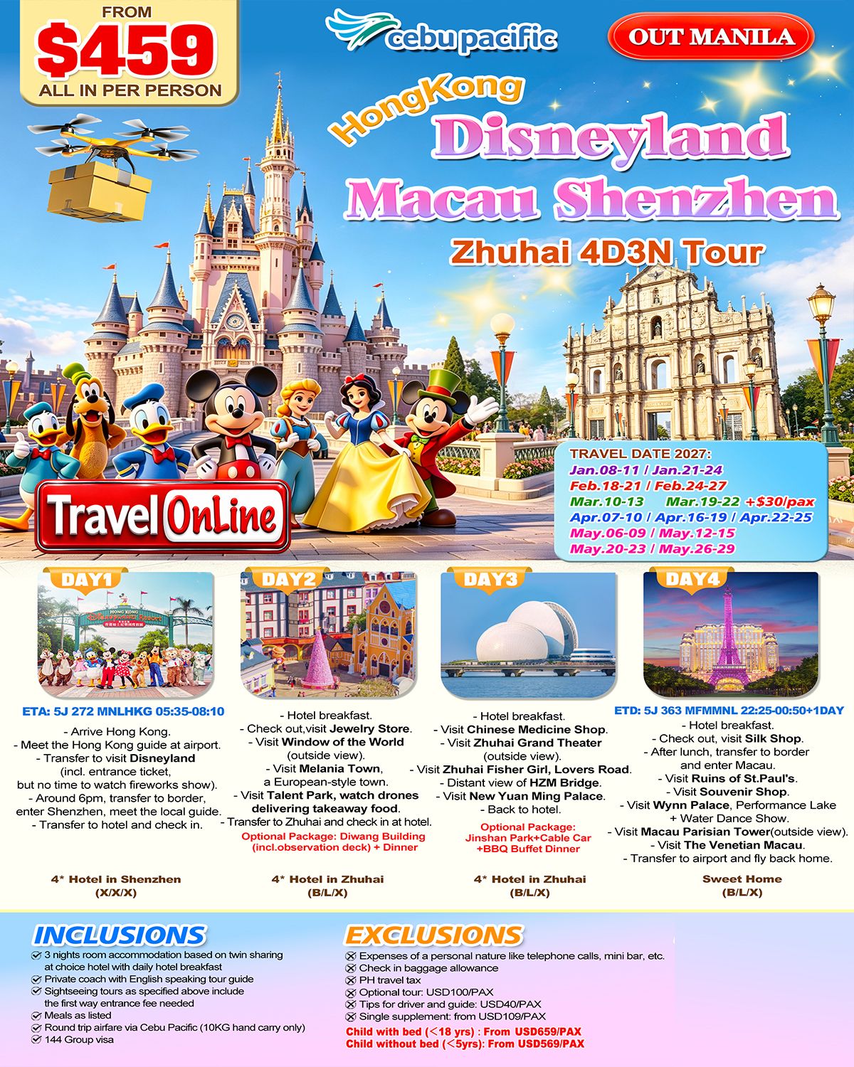 HONG KONG MACAU SHENZHEN ZHUHAI 4 DAYS 3 NIGHTS ALL IN JOINER GROUP TOUR PACKAGE FROM MANILA PHILIPPINES - AS LOW AS: $459/PAX - TRAVELONLINE promo image