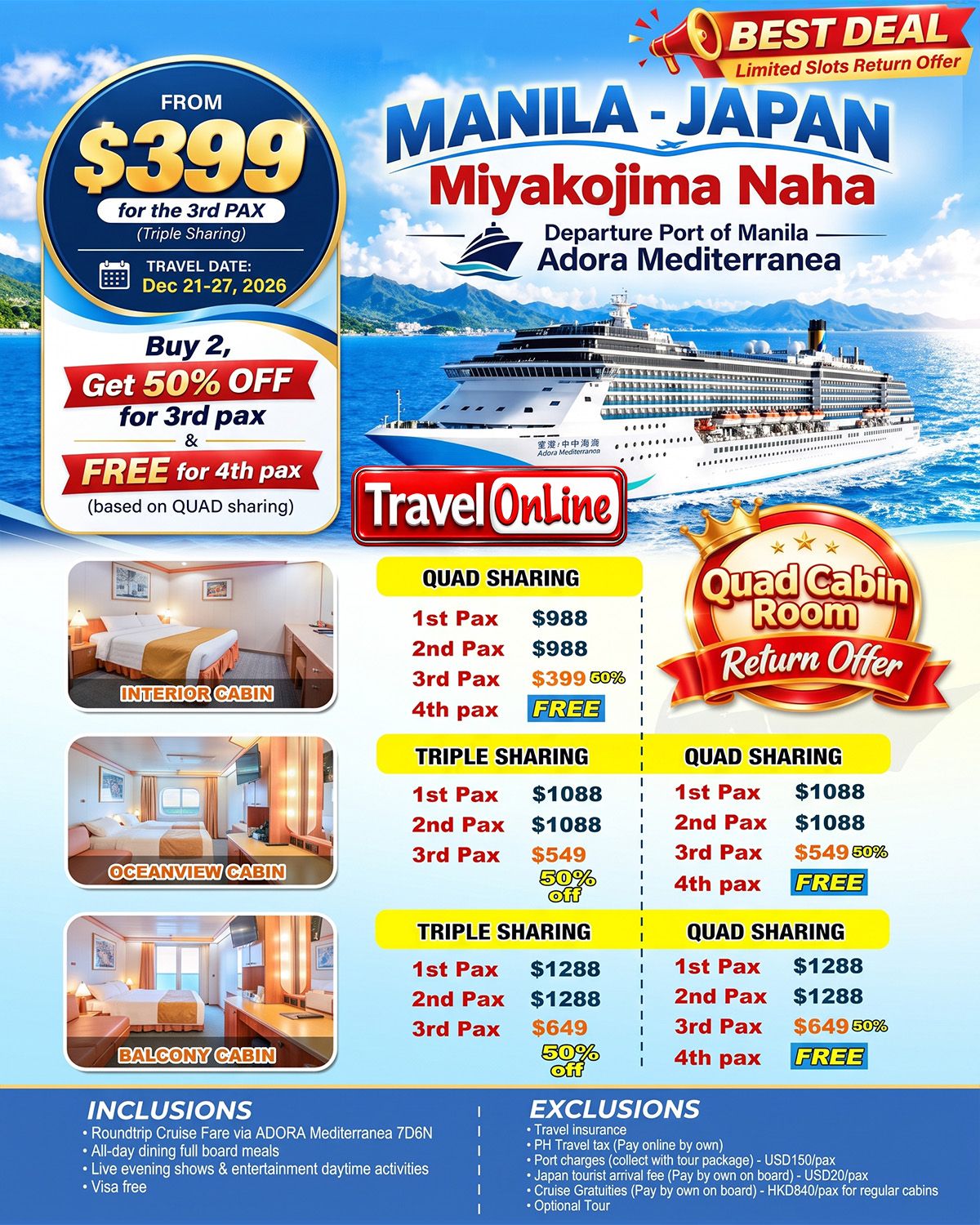 JAPAN MIYAKOJIMA NAHA 7 DAYS 6 NIGHTS ALL IN JOINER GROUP TOUR PACKAGE FROM MANILA PHILIPPINES - AS LOW AS: $399/PAX - TRAVELONLINE promo image
