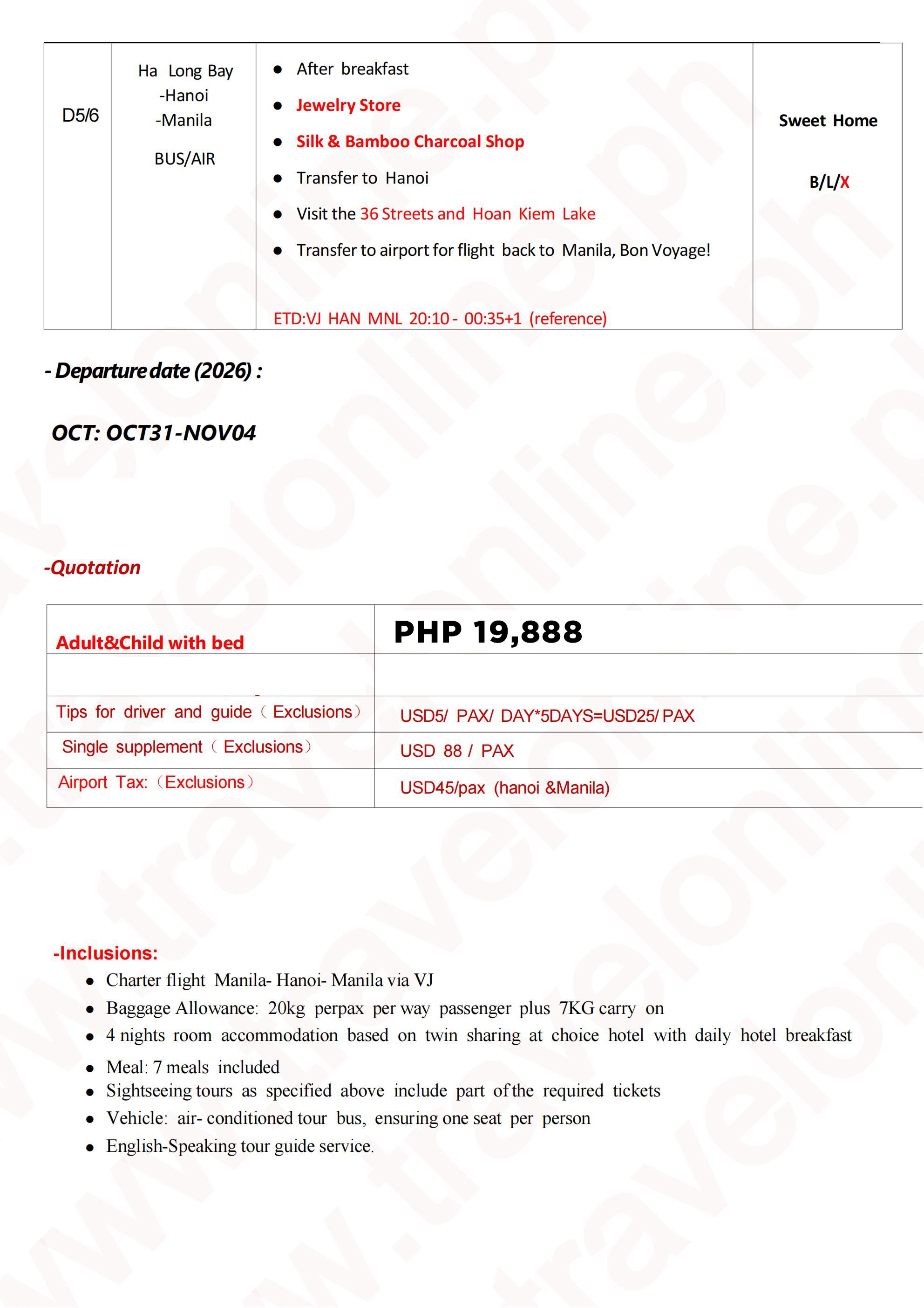 VIETNAM 6 DAYS 4 NIGHTS ALL IN JOINER GROUP TOUR PACKAGE FROM MANILA PHILIPPINES - AS LOW AS: ₱19888/PAX - TRAVELONLINE itinerary