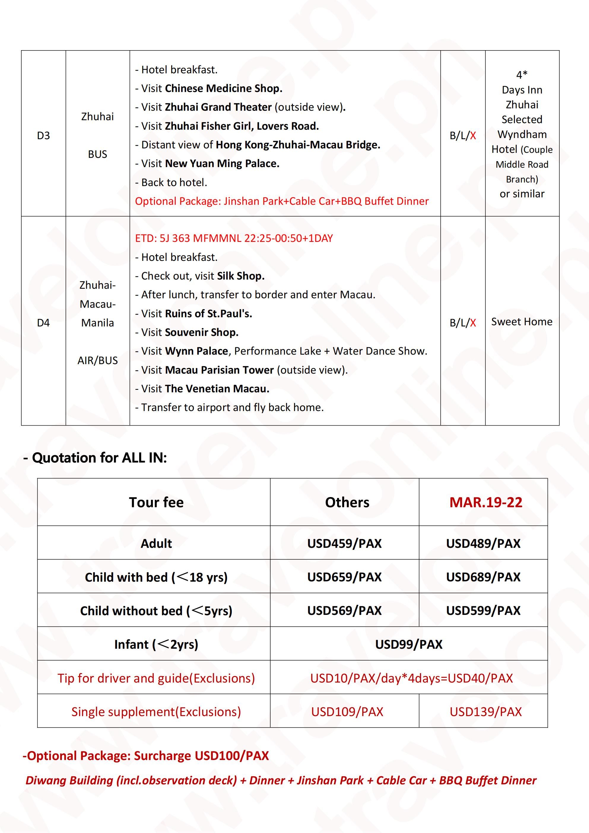 HONG KONG MACAU SHENZHEN ZHUHAI 4 DAYS 3 NIGHTS ALL IN JOINER GROUP TOUR PACKAGE FROM MANILA PHILIPPINES - AS LOW AS: $459/PAX - TRAVELONLINE itinerary