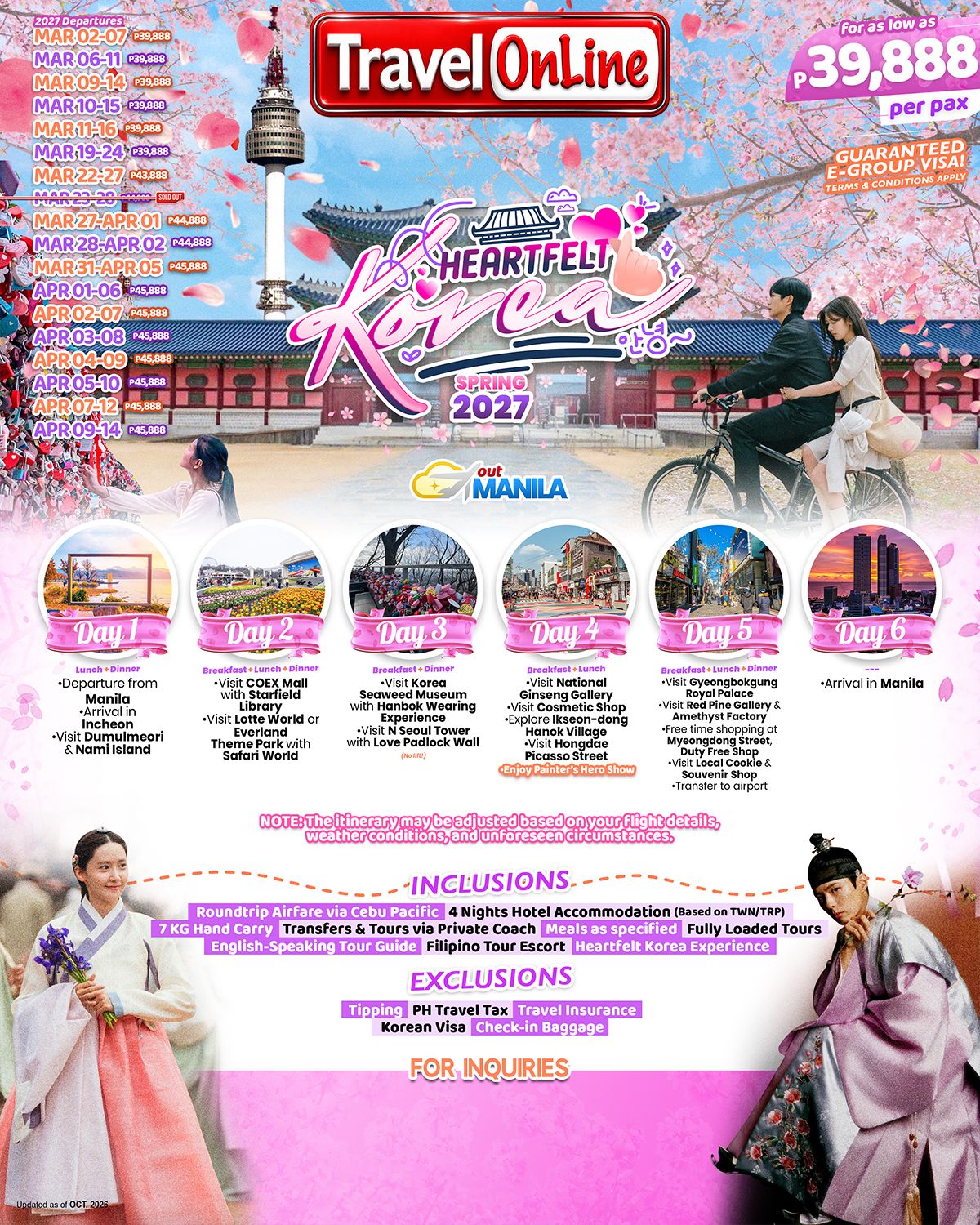 SOUTH KOREA HEARTFELT KOREA SPRING 6 DAYS 4 NIGHTS ALL IN JOINER GROUP TOUR PACKAGE FROM MANILA PHILIPPINES - AS LOW AS: ₱39888/PAX - TRAVELONLINE promo image