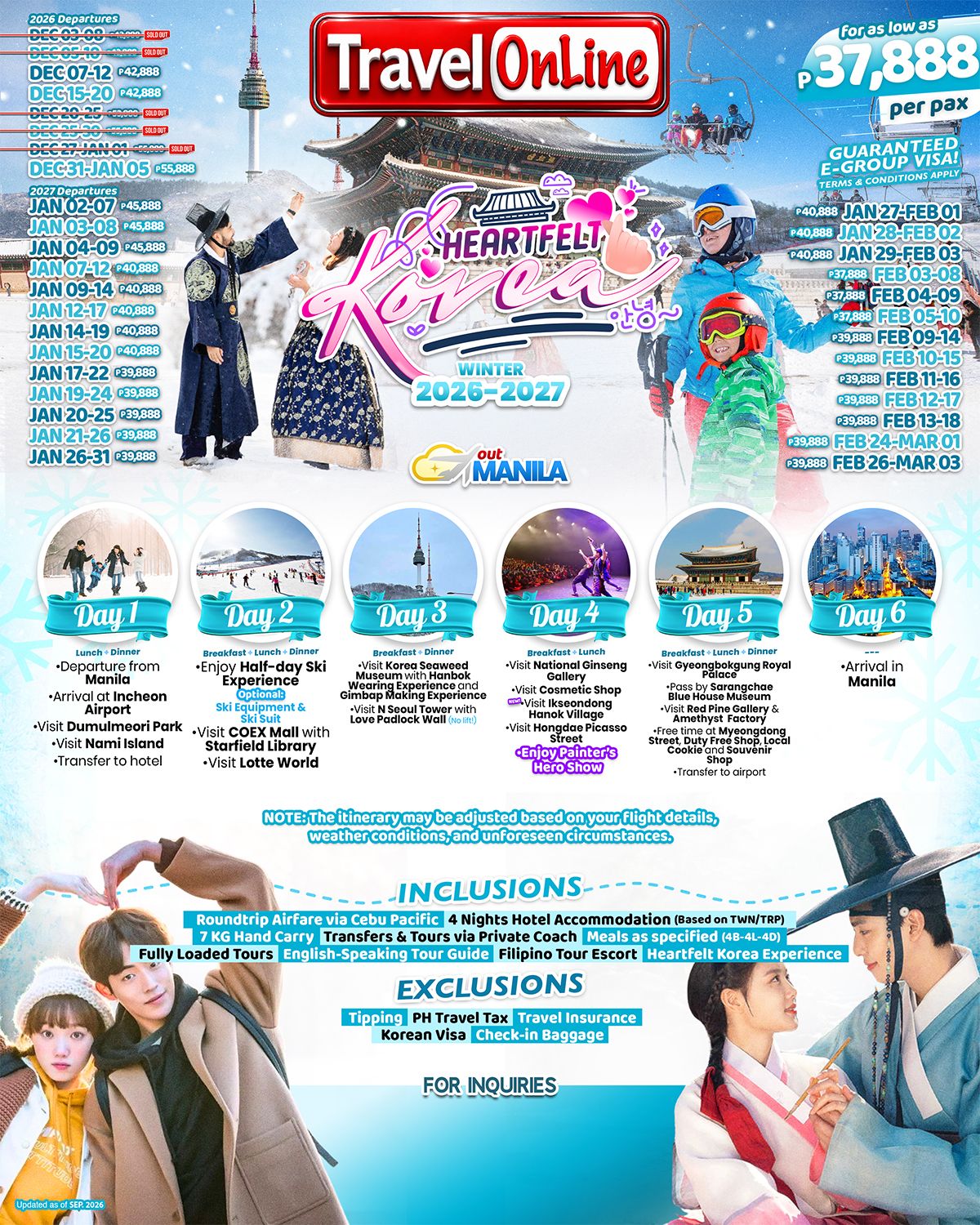 SOUTH KOREA HEARTFELT KOREA WINTER 6 DAYS 4 NIGHTS ALL IN JOINER GROUP TOUR PACKAGE FROM MANILA PHILIPPINES - AS LOW AS: ₱37888/PAX - TRAVELONLINE promo image