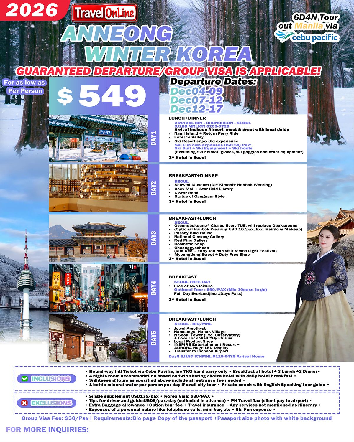 SOUTH KOREA 6 DAYS 4 NIGHTS ALL IN JOINER GROUP TOUR PACKAGE FROM MANILA PHILIPPINES - AS LOW AS: $549/PAX - TRAVELONLINE promo image