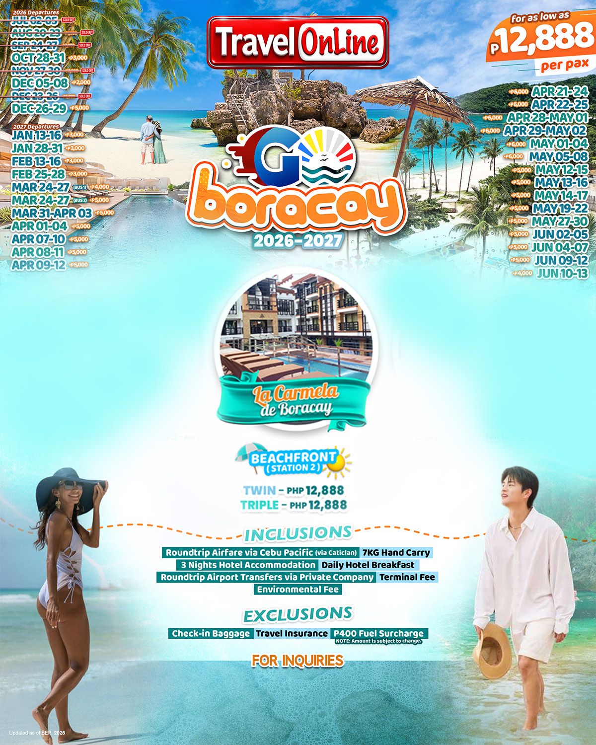 LA CARMELA DE BORACAY 4 DAYS 3 NIGHTS ALL IN JOINER GROUP TOUR PACKAGE FROM MANILA PHILIPPINES - AS LOW AS: ₱12888/PAX - TRAVELONLINE promo image