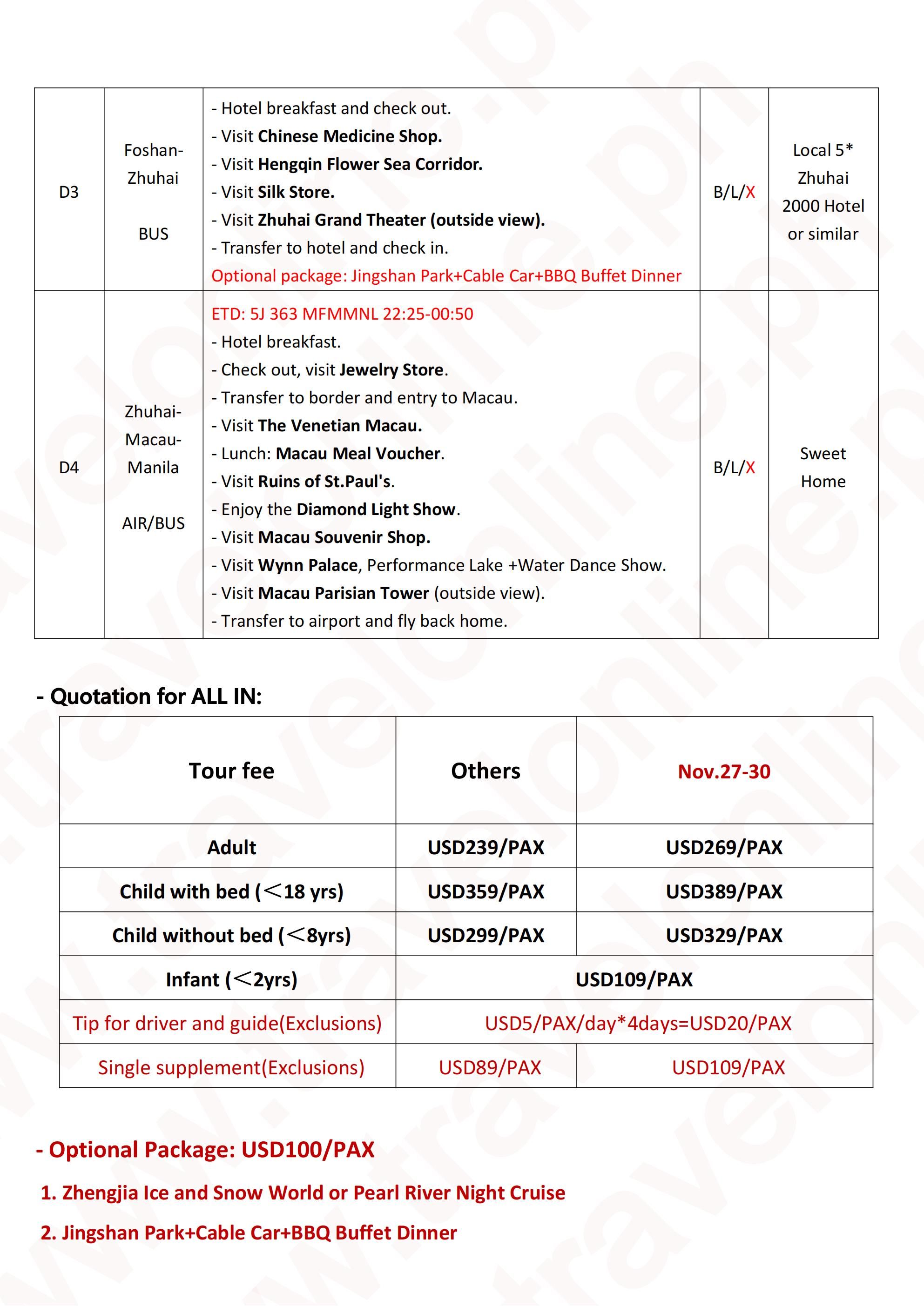 MACAU CANTON FOSHAN ZHUHAI 4 DAYS 3 NIGHTS ALL IN JOINER GROUP TOUR PACKAGE FROM MANILA PHILIPPINES - AS LOW AS: $239/PAX - TRAVELONLINE itinerary