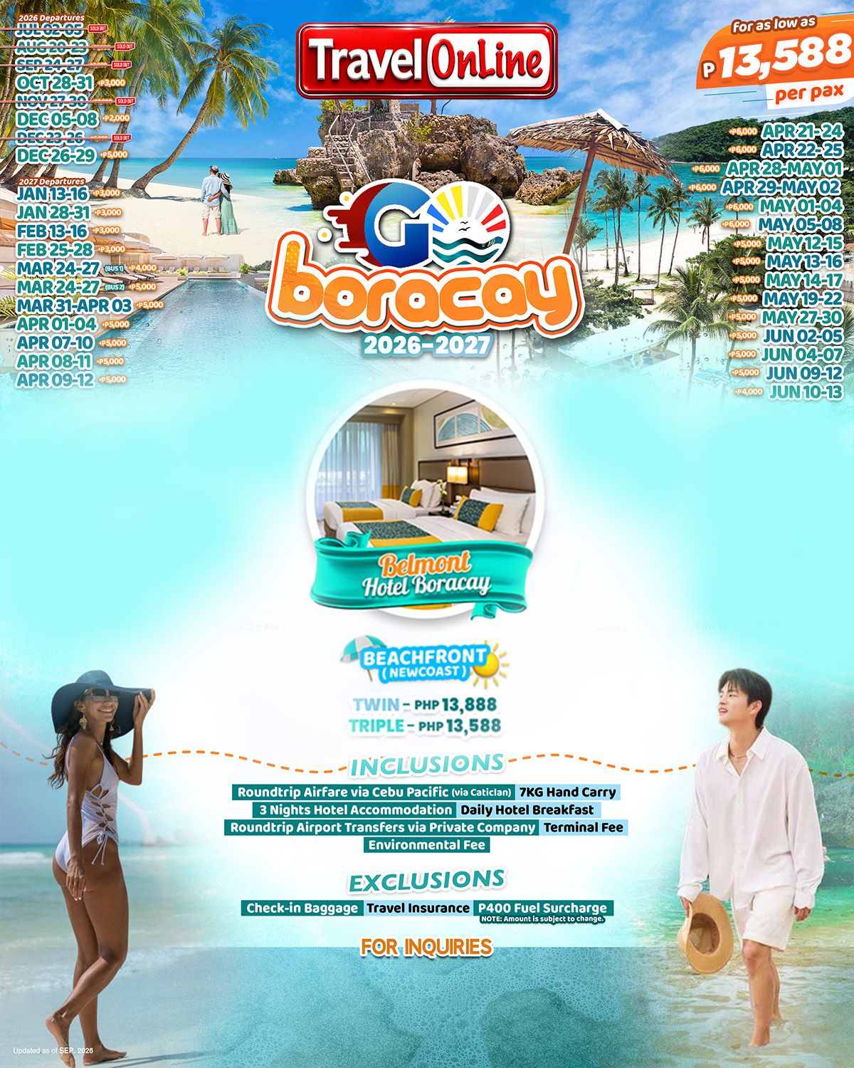 BORACAY 4 DAYS 3 NIGHTS ALL IN PACKAGE (MANDARIN NEST STATION 2) FROM MANILA PHILIPPINES - AS LOW AS: PHP 12888/PAX - TRAVELONLINE promo image