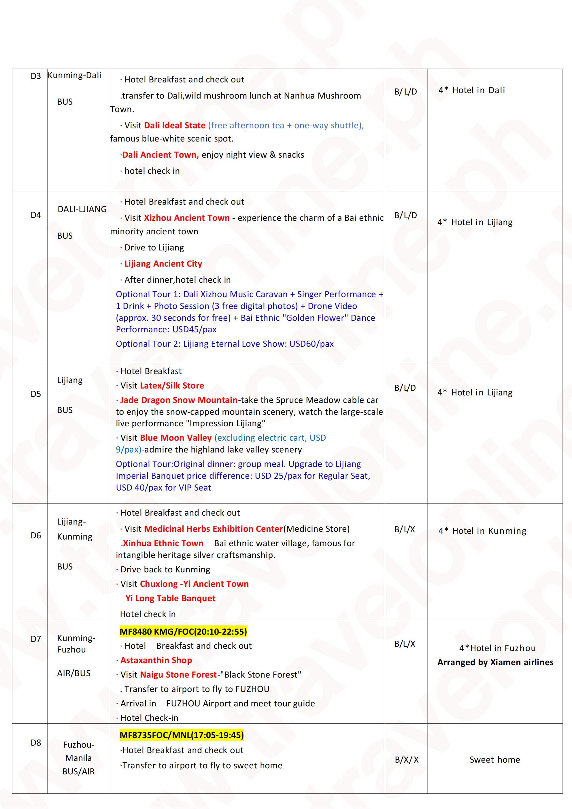 YUNNAN CHINA 8 DAYS 7 NIGHTS ALL IN JOINER GROUP TOUR PACKAGE FROM MANILA PHILIPPINES - AS LOW AS: $799/PAX - TRAVELONLINE itinerary